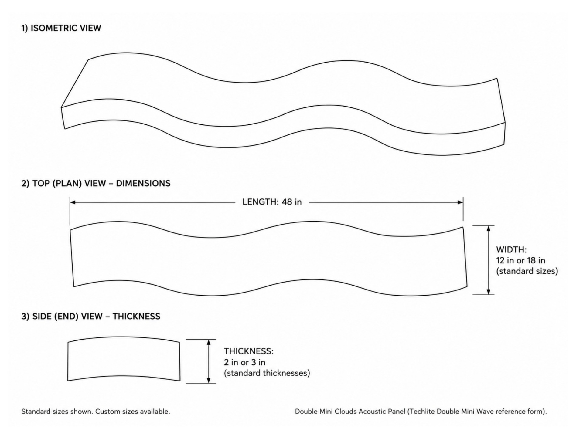 Double Mini Clouds Acoustic Panel dimensional drawing — 48" length, 12" or 18" width, 2" or 3" thickness with isometric, top, and side views