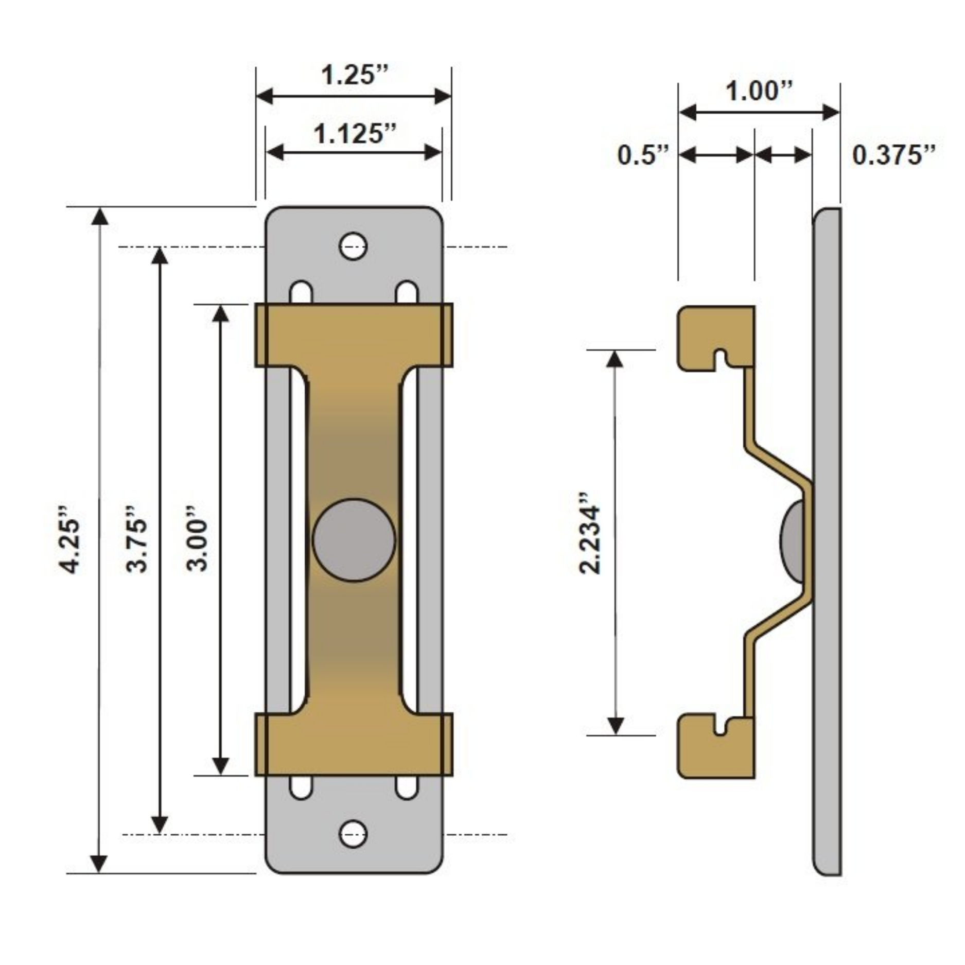 Green Glue Noiseproofing Clip spec drawing — front and side views showing 4.25 in overall length, 3.75 in bracket length, 3.00 in isolator body, 1.25 in width (1.125 in bracket), 1.00 in profile height (0.5 in bracket + 0.375 in pad), 2.234 in bracket engagement.