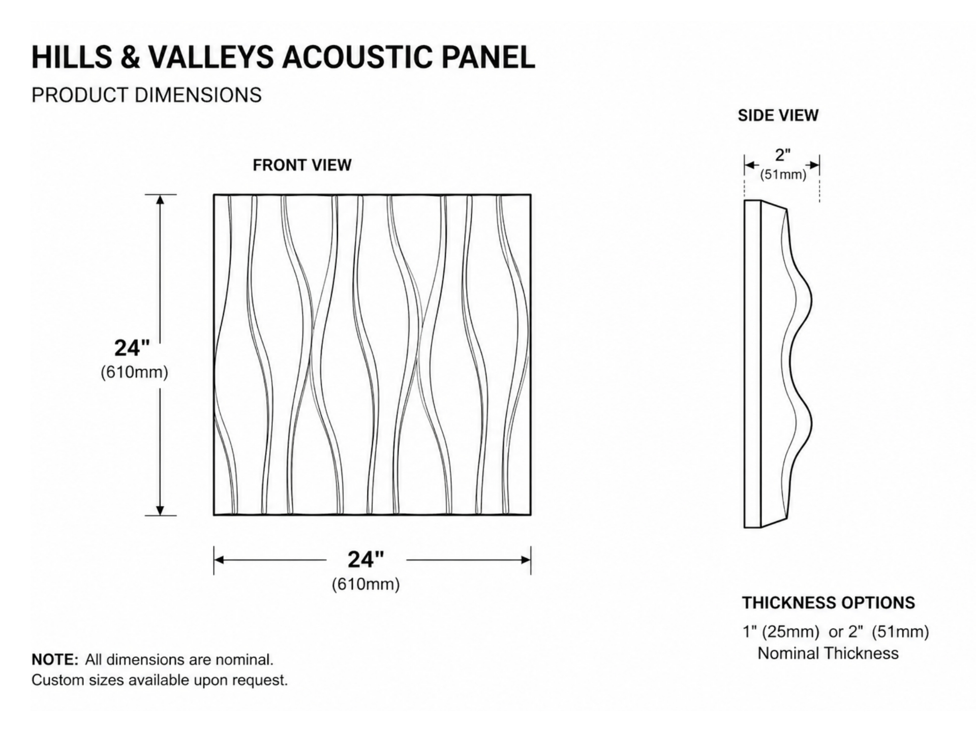 Hills & Valleys Acoustic Panel dimensional drawing — 24" × 24" front view with wave-line relief and side view showing 1" or 2" thickness options