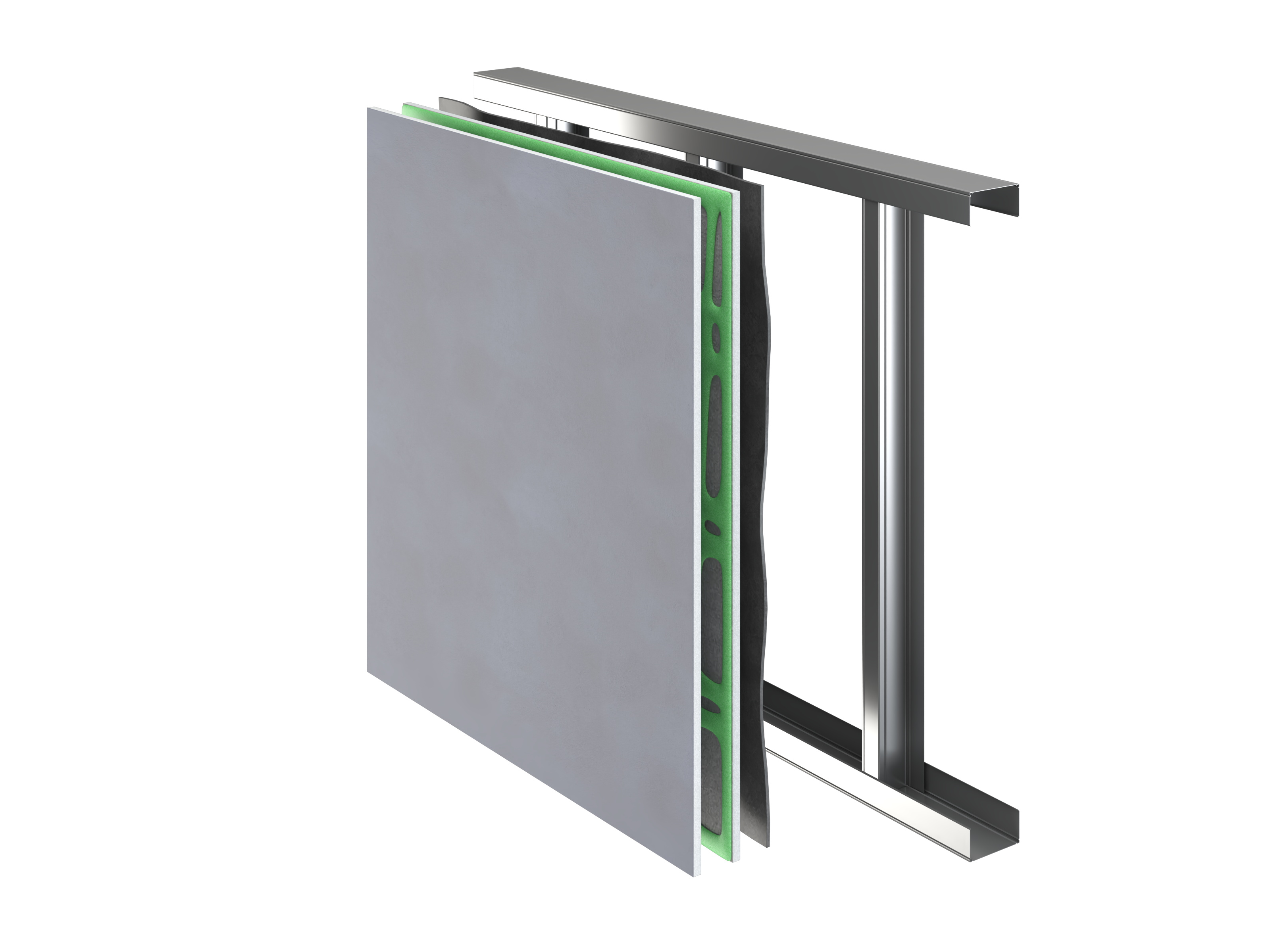 Cutaway wall assembly diagram: metal studs with MLV and Green Glue