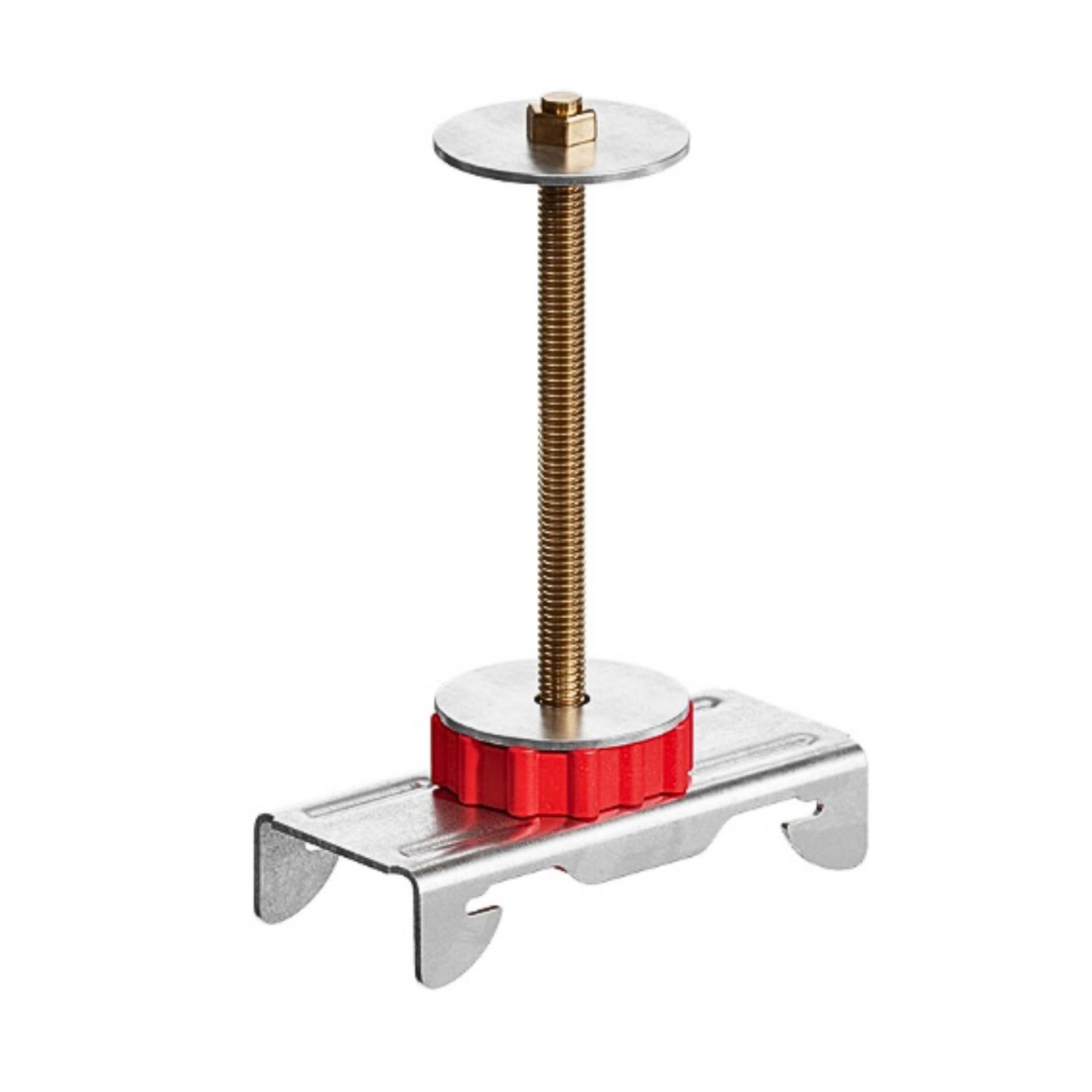 Resilmount A237BR ceiling isolation assembly — 1/4-20 bolt with a fender washer and hex nut above, red thermoplastic rubber A237R mount and furring-channel saddle below, front view on a white background.