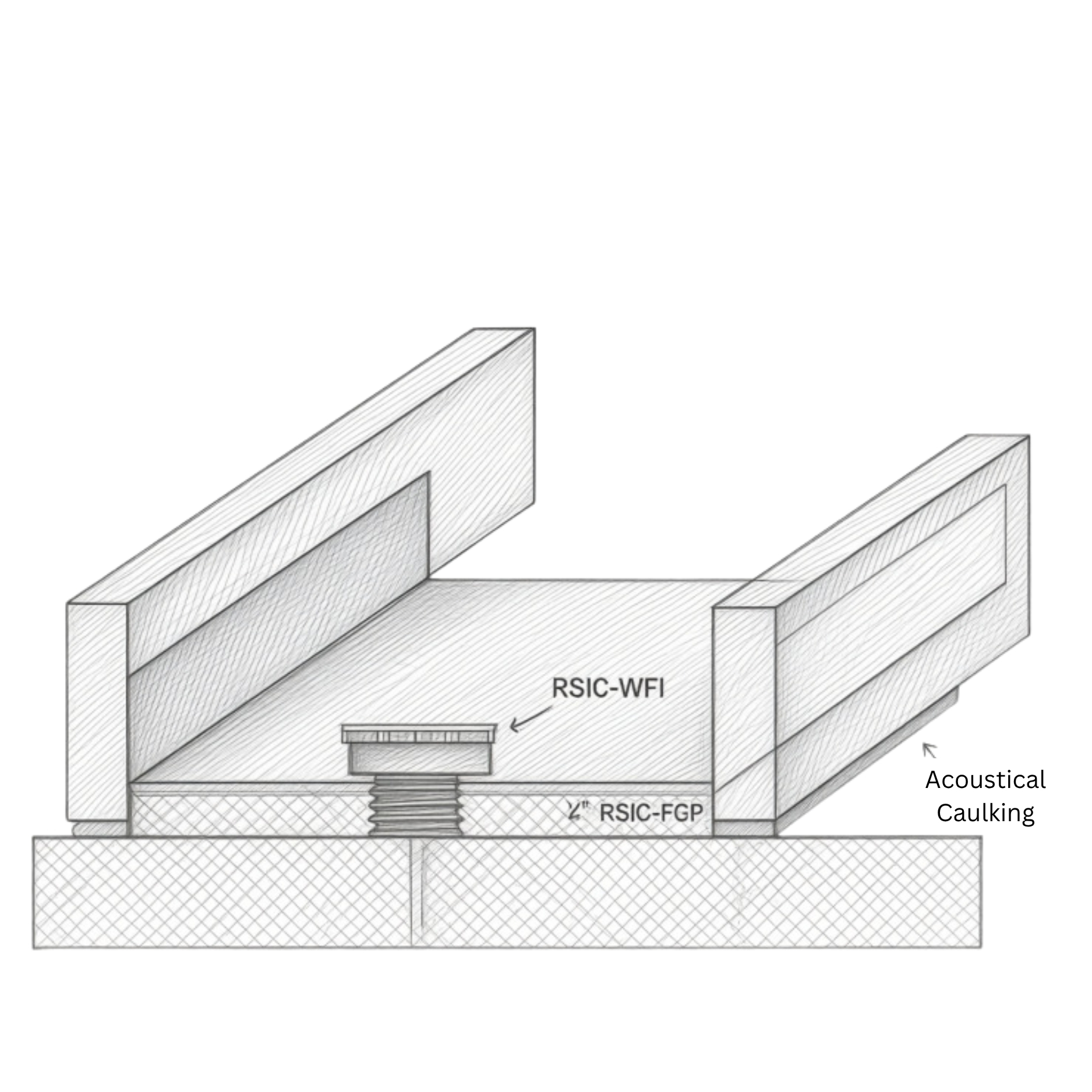 Cutaway drawing of a wood wall base — RSIC-WFI isolator set through the bottom plate with its threaded body passing into the structure, continuous 1/2 in RSIC-FGP pad under the plate and acoustical caulking at the wall edge.