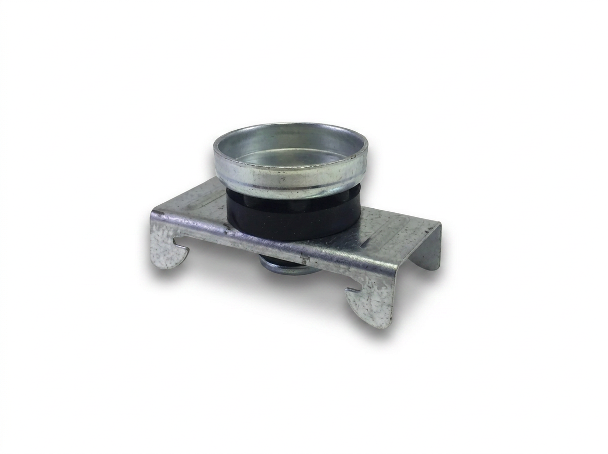 PAC International RSIC-2 resilient sound isolation clip — front product view showing the galvanized spacer cup above the rubber isolator and the channel hook legs.