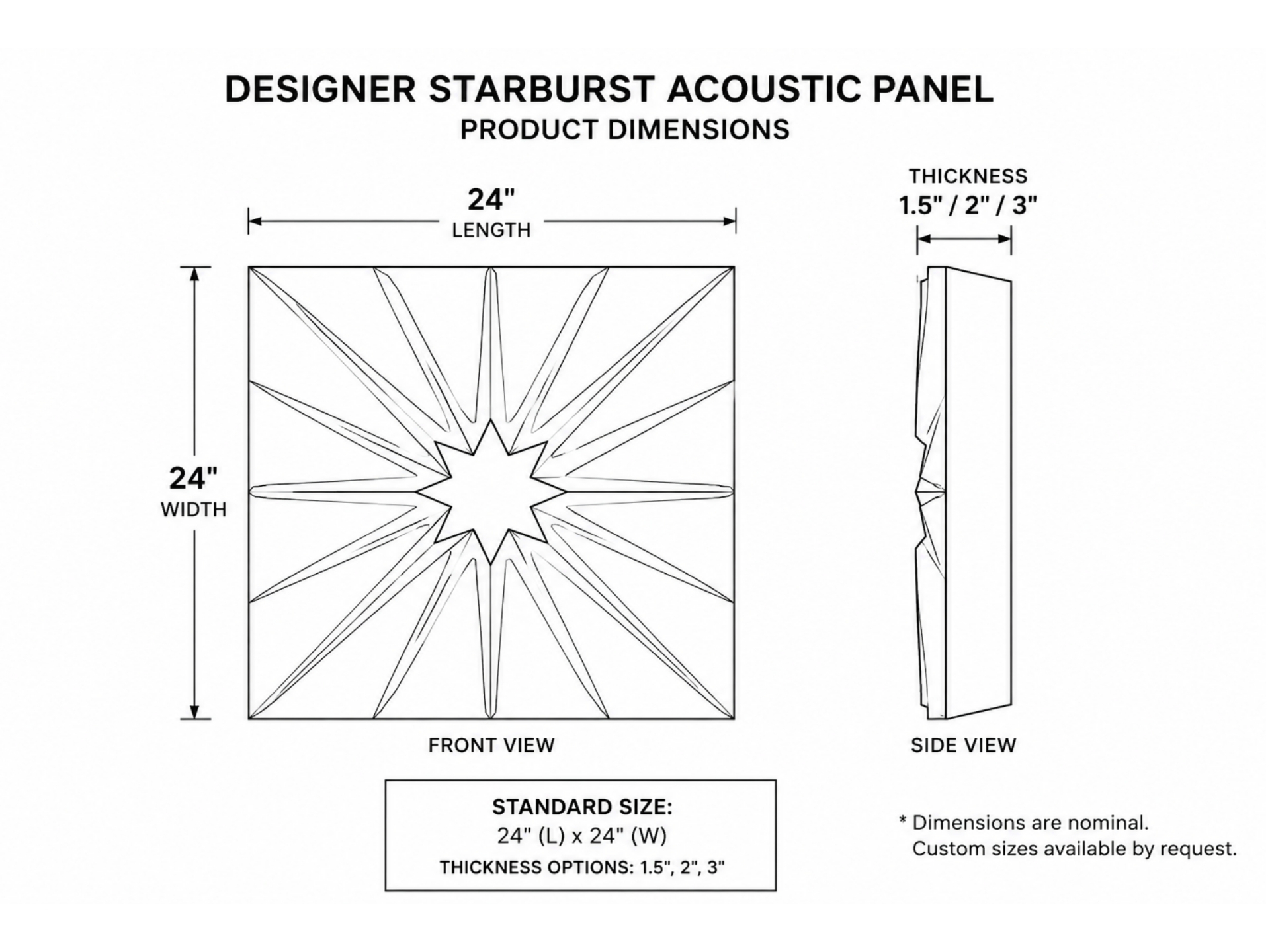 Designer Starburst Acoustic Panel dimensional drawing — 24" × 24" front view with side profile showing 1.5", 2", and 3" thickness options