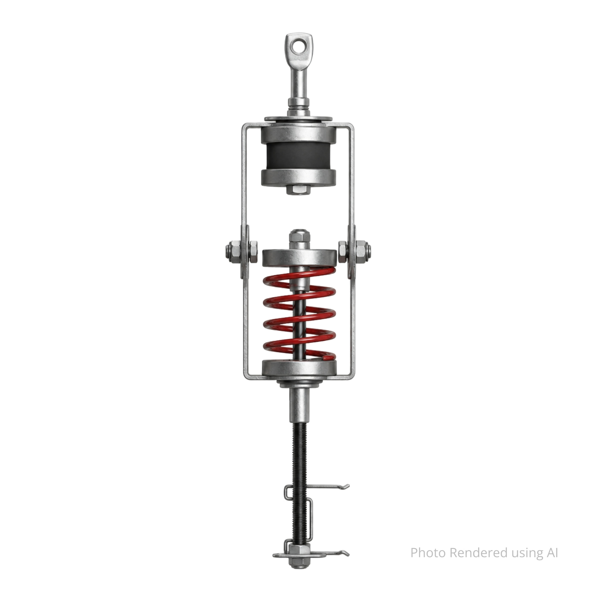 PAC International RSIC-SI-FF-WRC EZ ceiling isolator — front view of the steel full frame with a black rubber isolator at the top eye bolt, a red coil spring below it and a threaded stem ending in the lower channel clip.