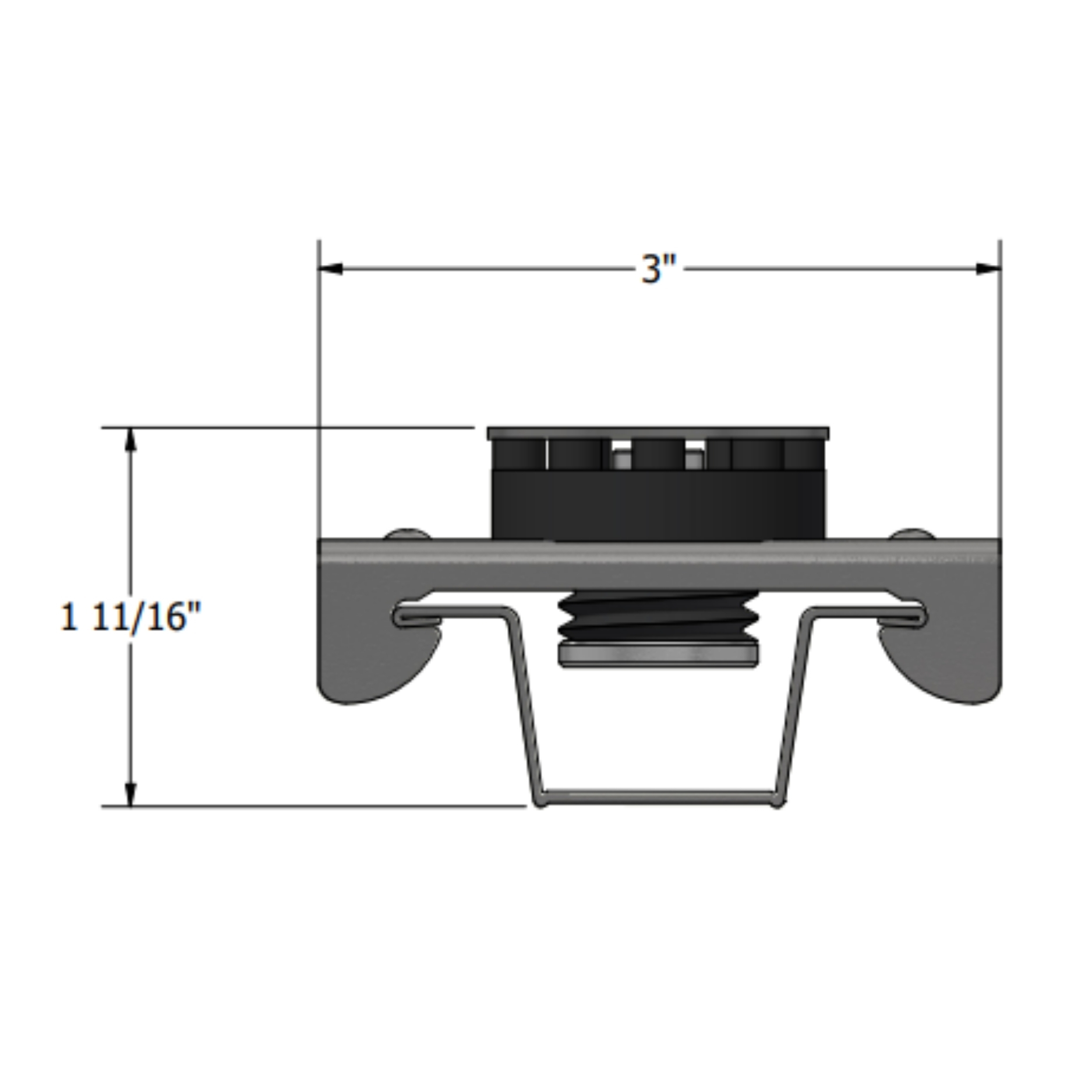 RSIC-1 RETRO dimensional drawing — 3 in overall width and 1 11/16 in overall height with the rubber isolator and channel leg shown in section.