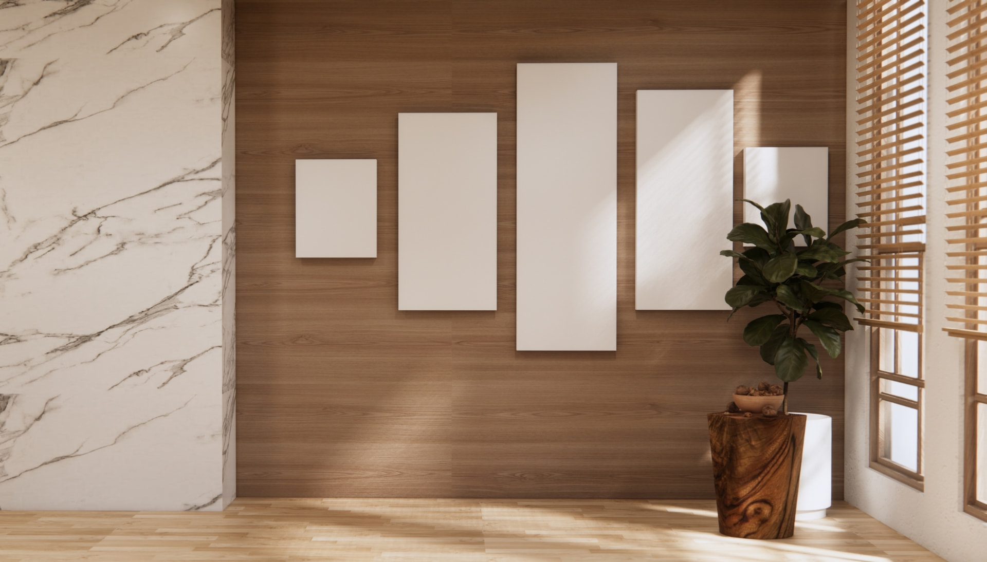 Fabric-wrapped acoustic panels mounted on a wood feature wall