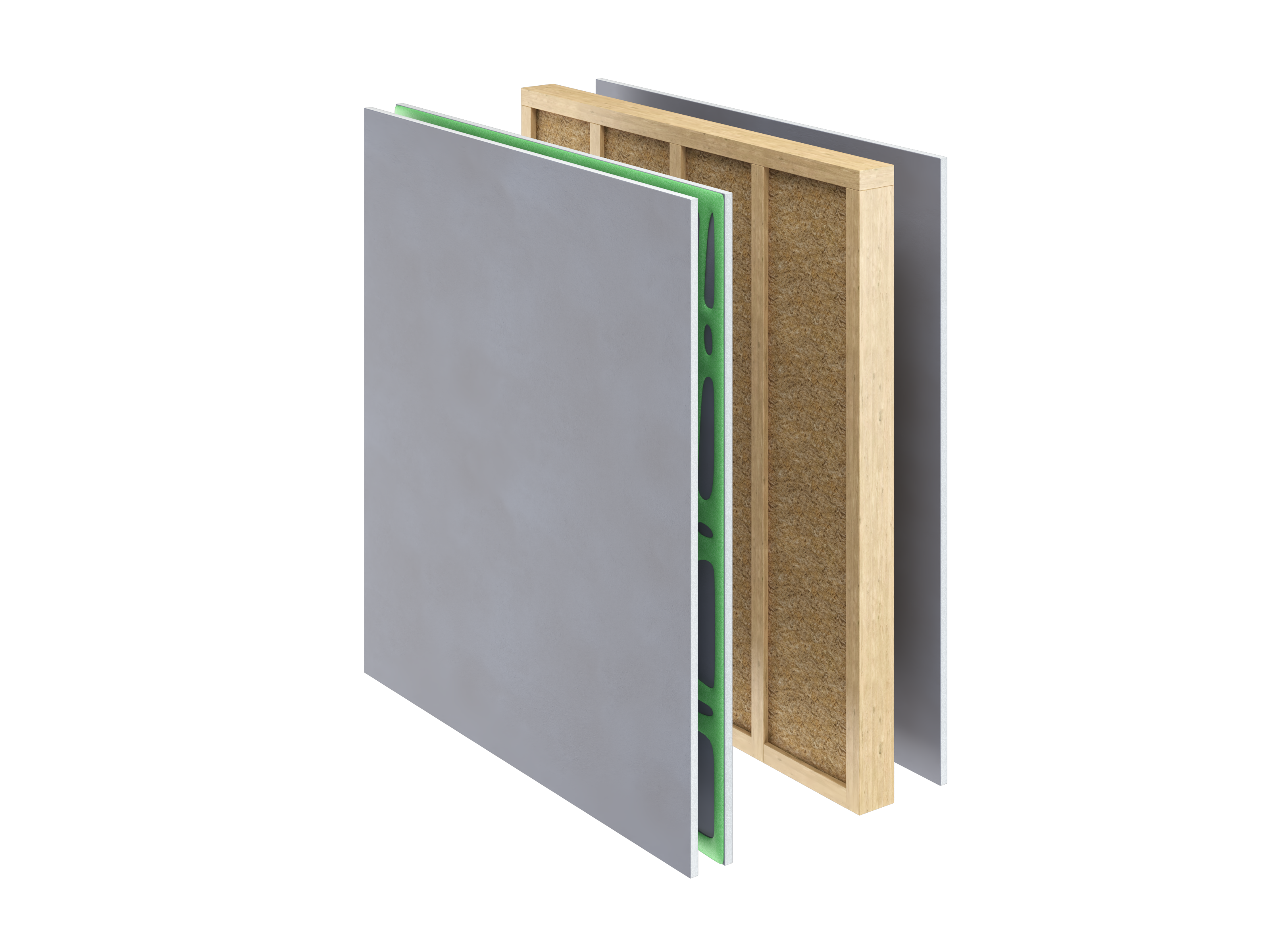 Cutaway wall assembly diagram: wood studs with insulation, drywall both sides and Green Glue on one side