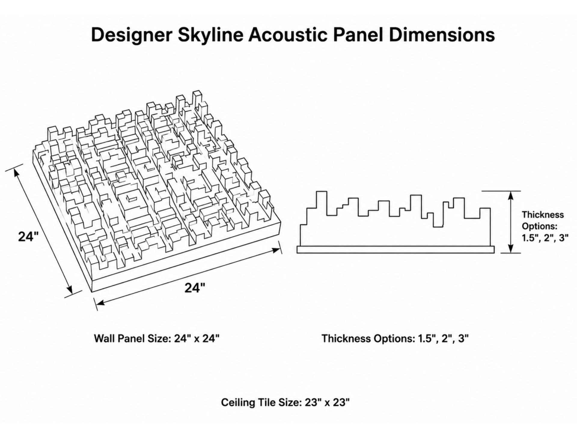 Designer Skyline Acoustic Panel dimensional drawing — 24" × 24" wall panel with side profile showing 1.5", 2", and 3" thickness options and 23" × 23" ceiling grid tile