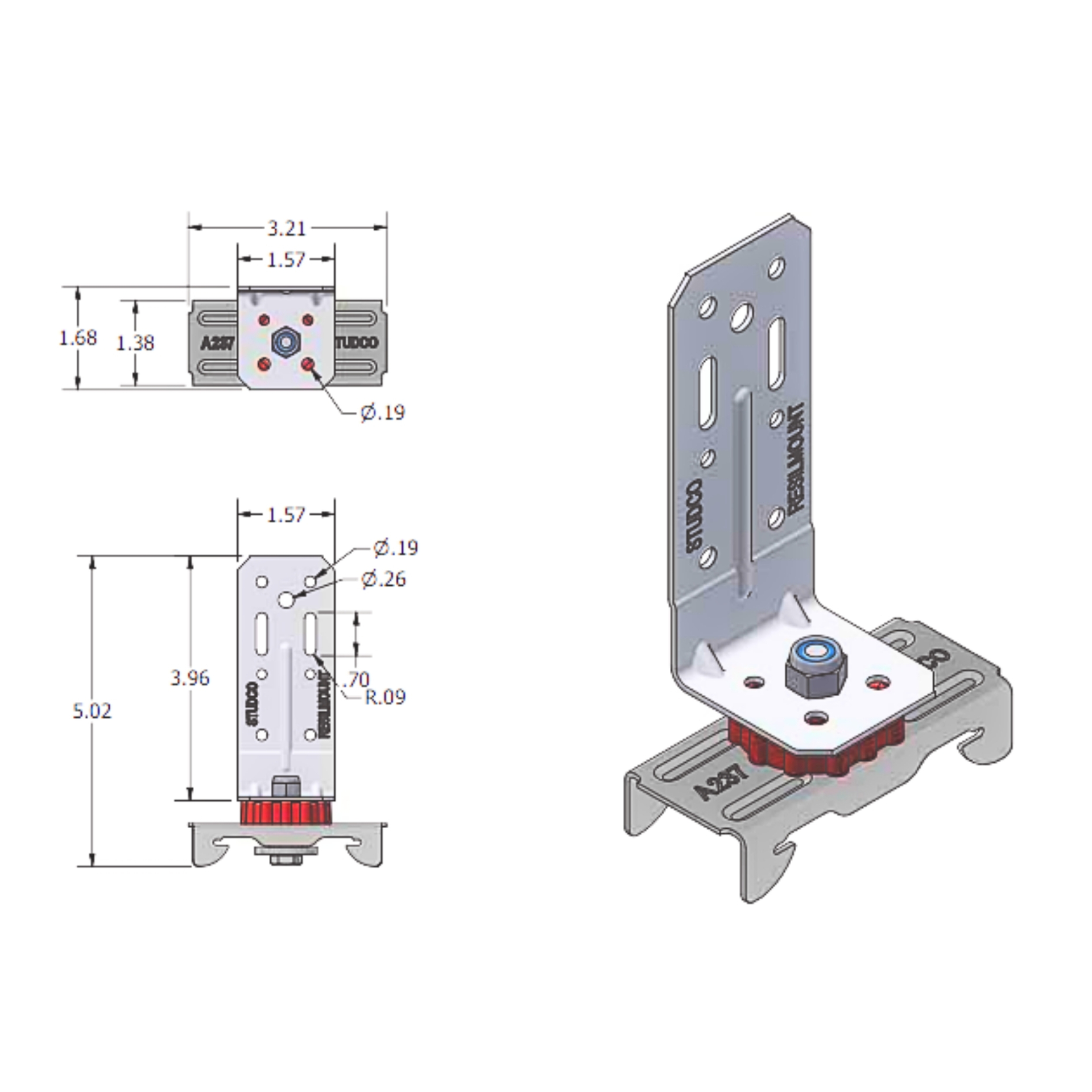 Resilmount A96R dimensioned drawing — plan and elevation views with 3.21" width, 1.57" saddle, 5.02" overall height, 3.96" plate, and 0.19"/0.26" fastener hole callouts.