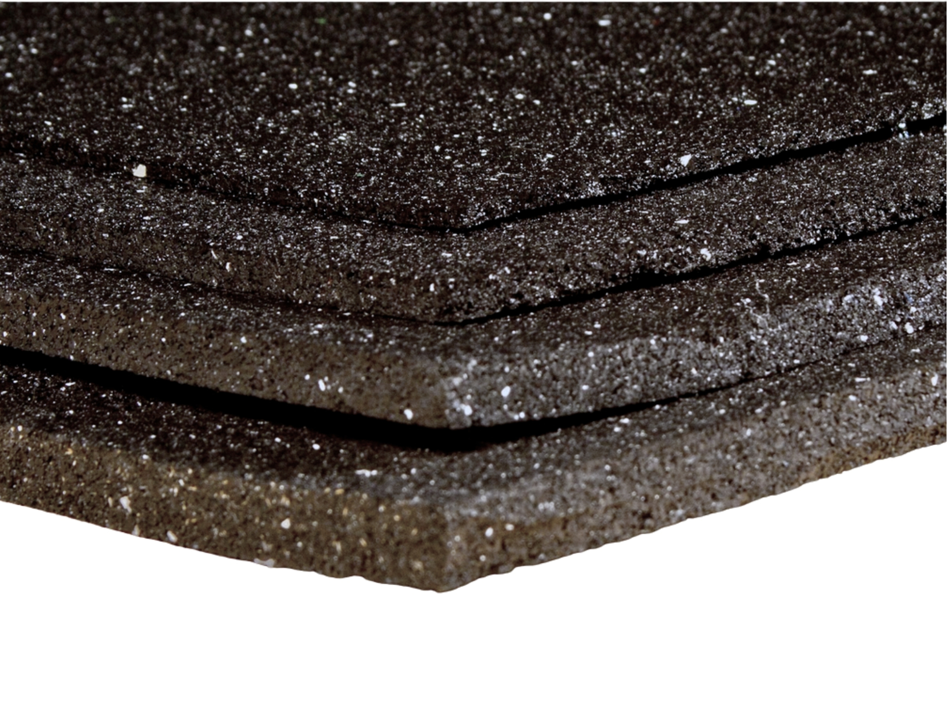 Serenity Ultimate Underlay — stacked edge view of 6 mm recycled rubber-composite acoustic underlay sheets showing the dense composite makeup.