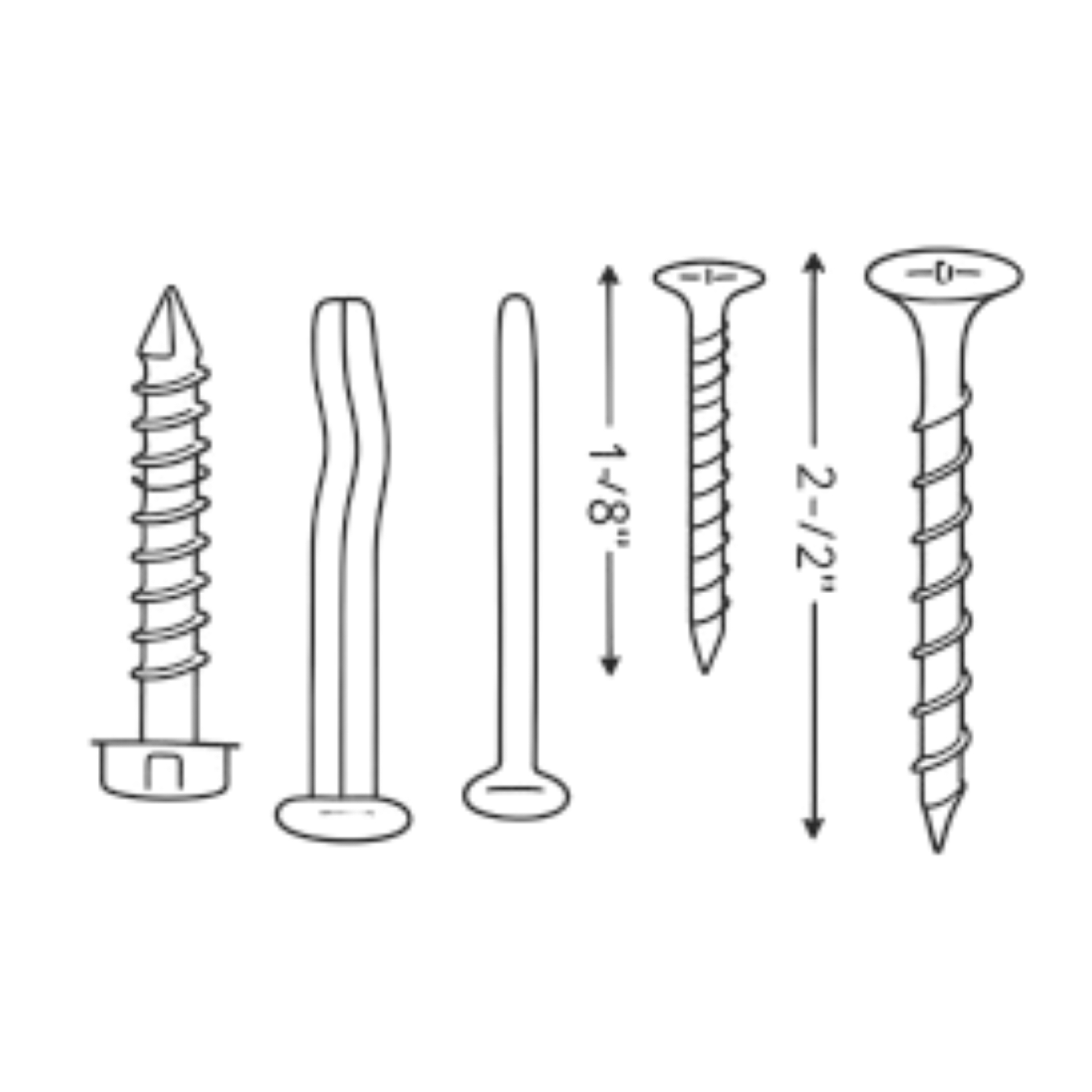 RSIC-DC04X2 structure-attachment fasteners — line drawing of the concrete anchor, drive spike and coarse- and fine-thread screws in 1-5/8 in and 2-1/2 in lengths that pass through the connector's two internal ferrules into the supporting structure.