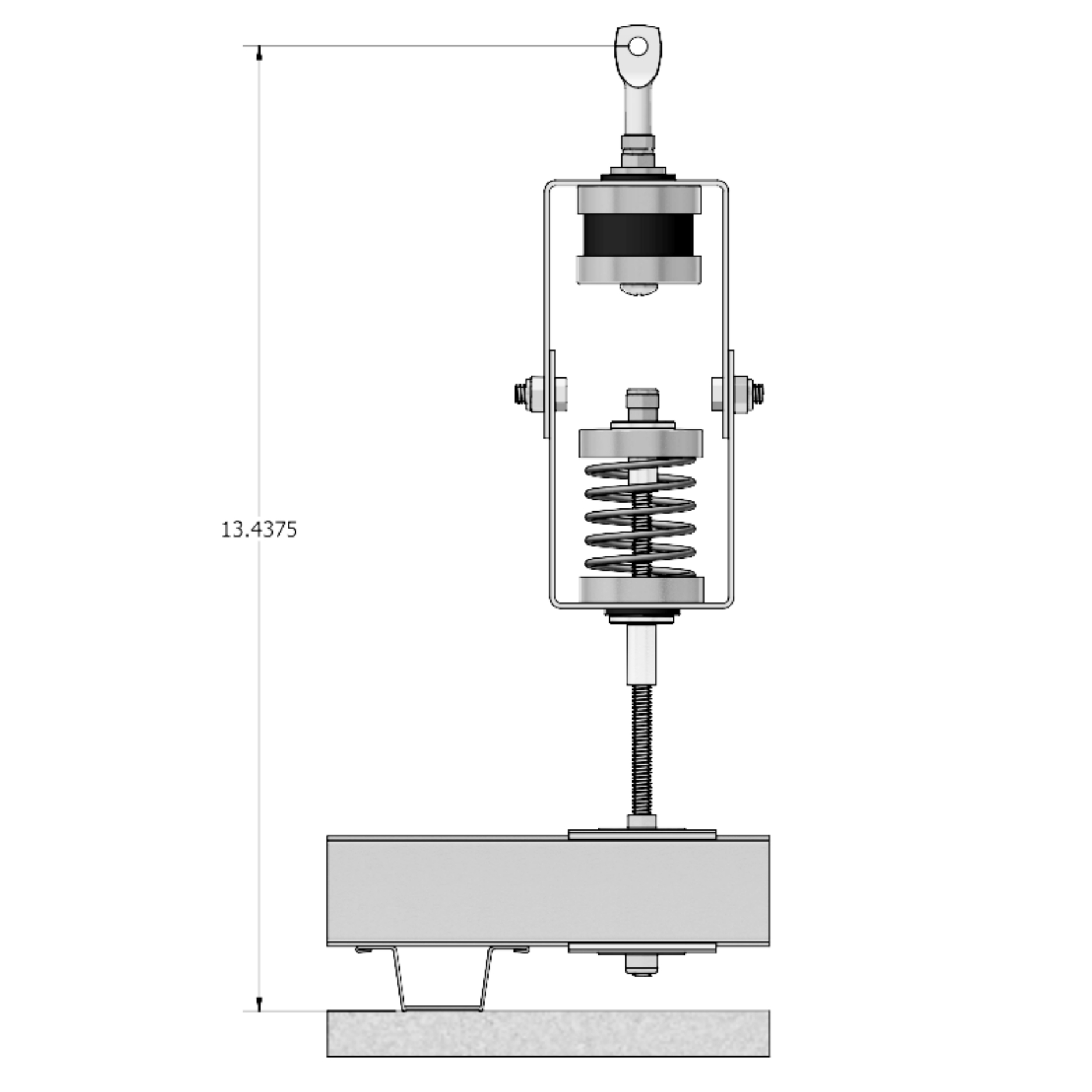 RSIC-SI-FF-WRC EZ dimensional drawing showing the 13.4375 in overall height from the upper eye nut through the spring frame to the lower EZ clip on carrier channel.