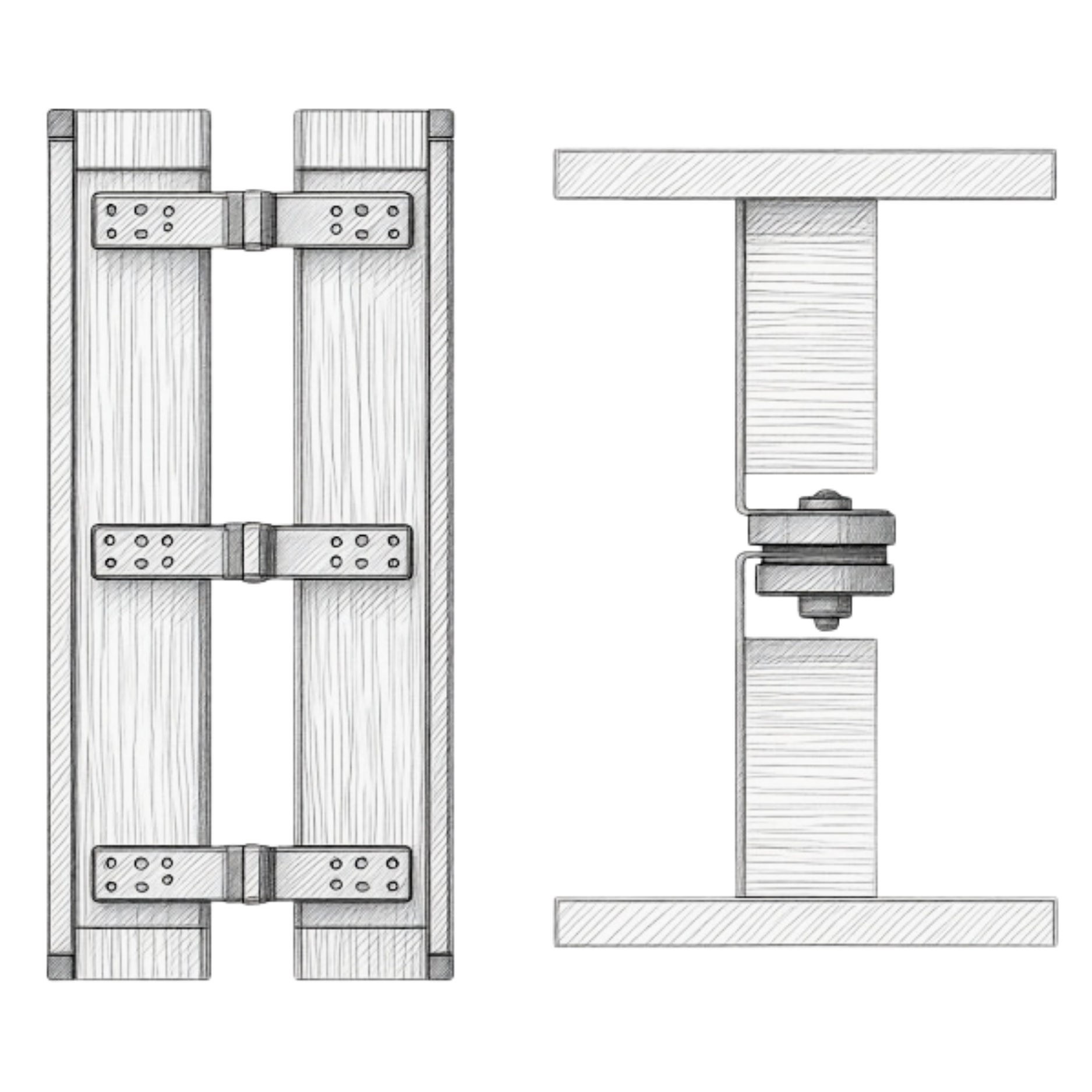 Two-part drawing of RSIC-CWB HD/DD DC braces installed between two rows of wood framing — plan view showing braces screwed to opposing studs in stacked rows, and a section view showing the central deflection-control isolator spanning the cavity between the two framing members.