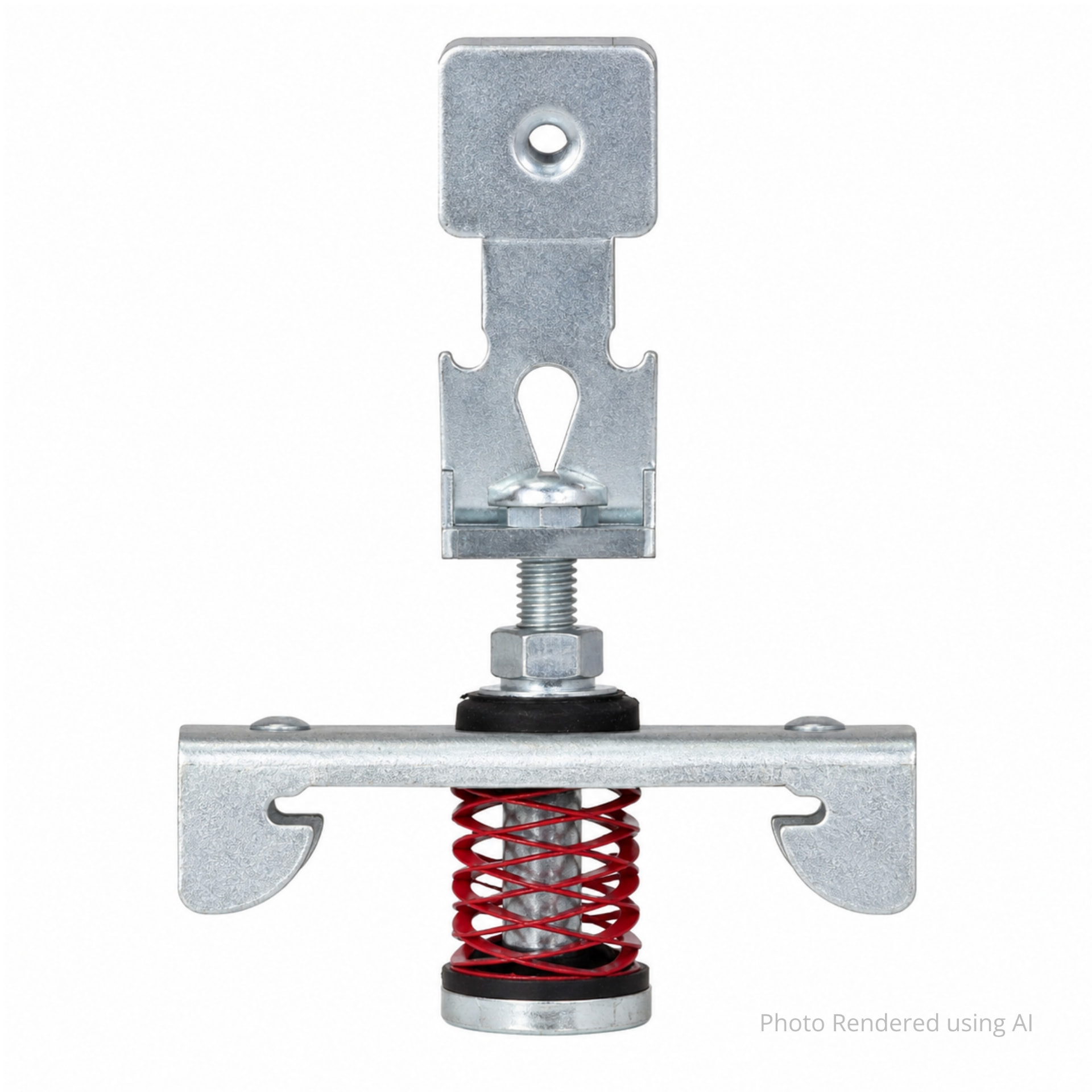 PAC International RSIC-SI-X ADM Multi Clip — rendering of the galvanized structure bracket with fastener hole above a threaded bolt, jam nut, black rubber grommet, red coil spring and the lower channel-holding arms.