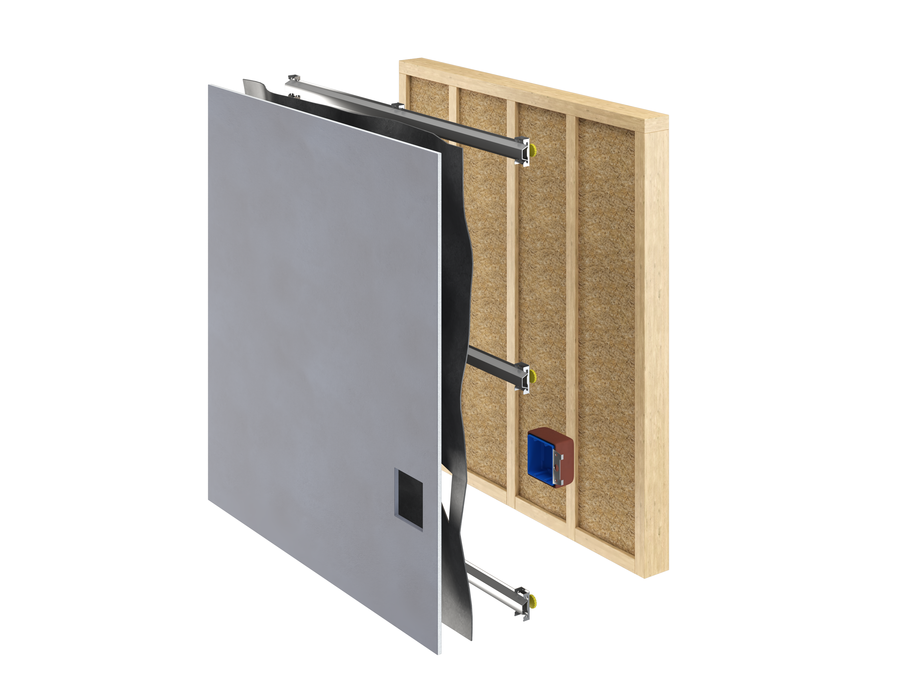 Cutaway wall assembly diagram with A237R isolation clips, hat channel, putty pads and MLV