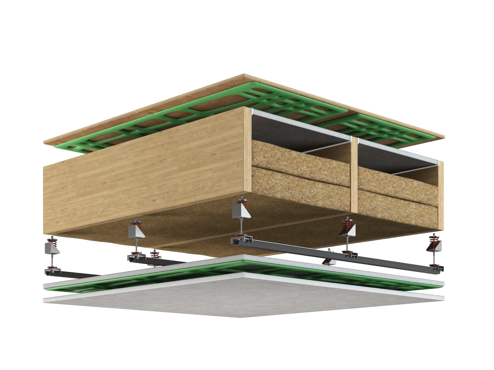 Cutaway soundproof ceiling assembly — joists with Rockwool insulation, spring isolation hangers on channel, Green Glue damped double drywall, and plywood subfloor above