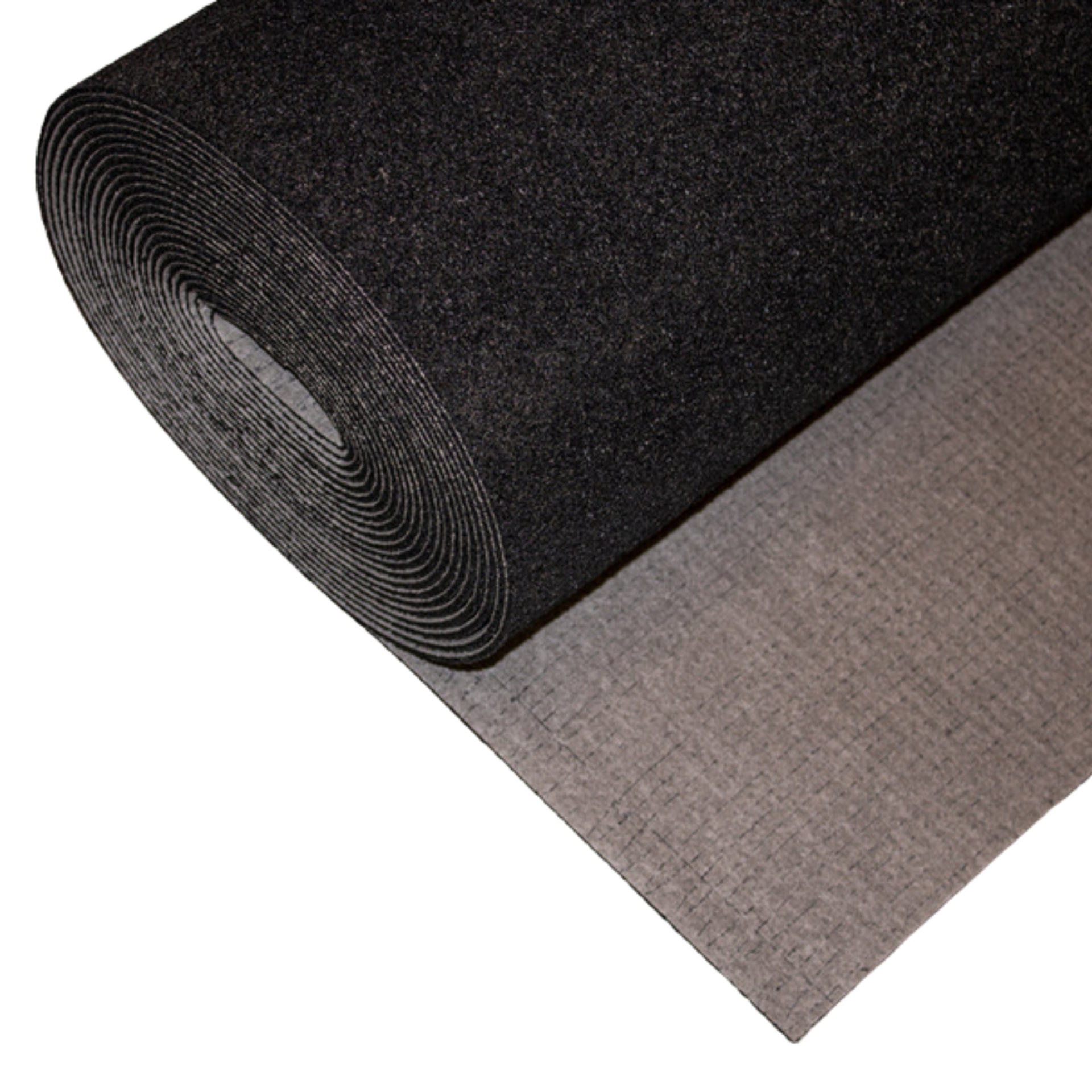 Dura Underlay — black recycled-rubber acoustic underlay roll partially unrolled to show its grey woven scrim backing.