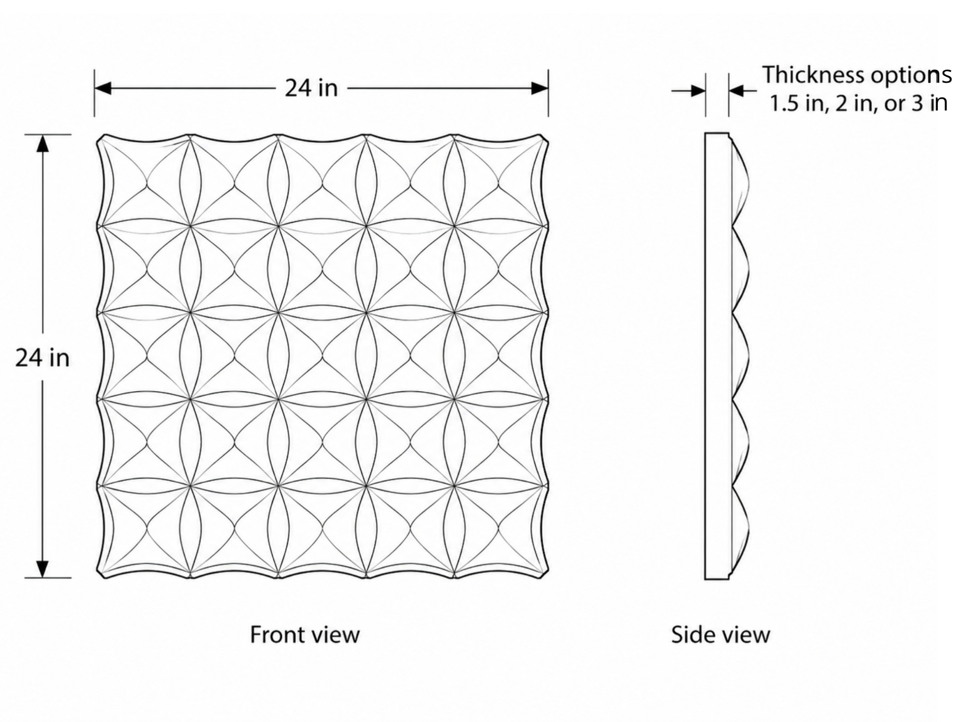 Designer Petal Acoustic Panel dimensional drawing — 24" × 24" front view with side profile showing 1.5", 2", and 3" thickness options