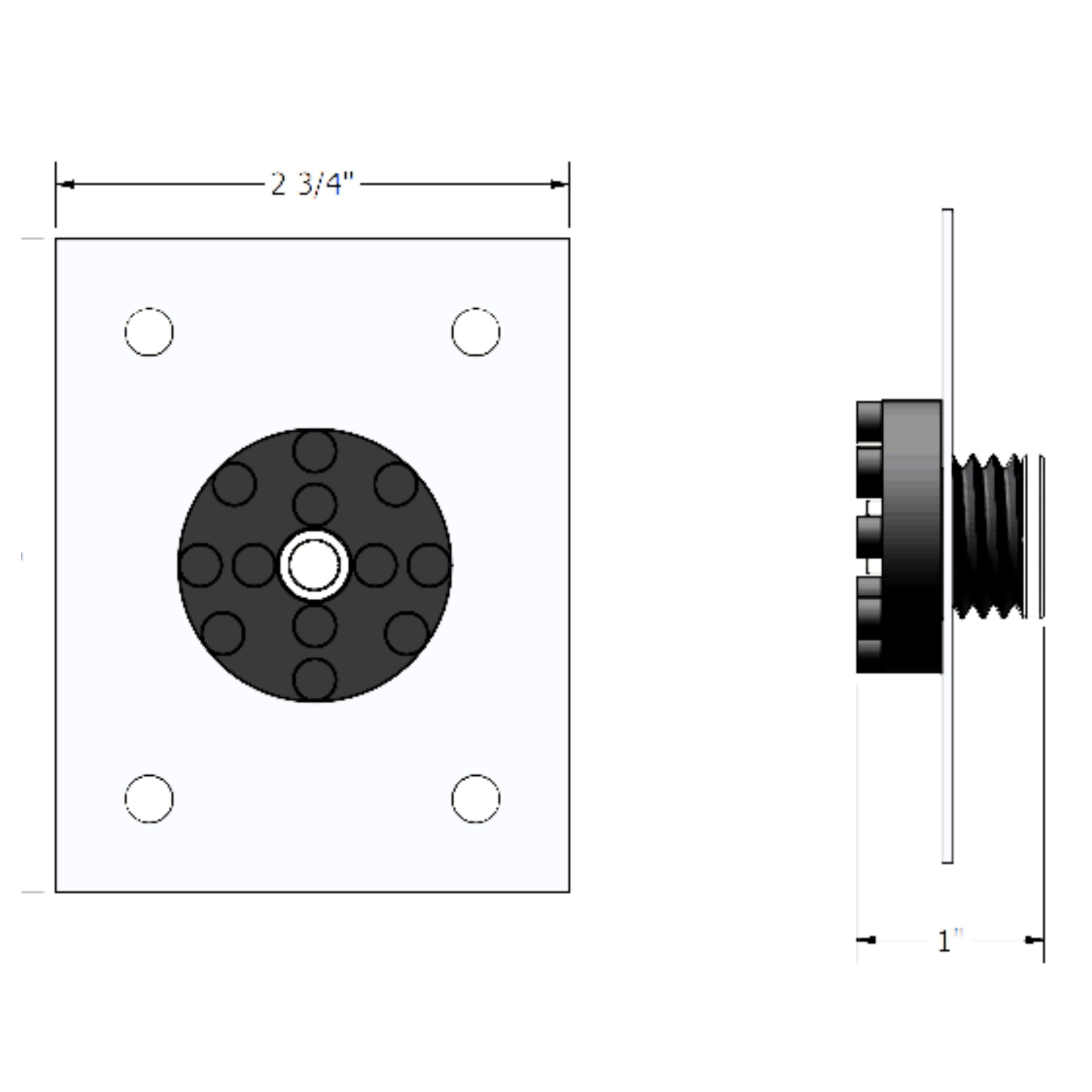 PAC International RSIC-U technical drawing — square mounting plate with four fastener holes and the central rubber-isolated ferrule shown in side view.