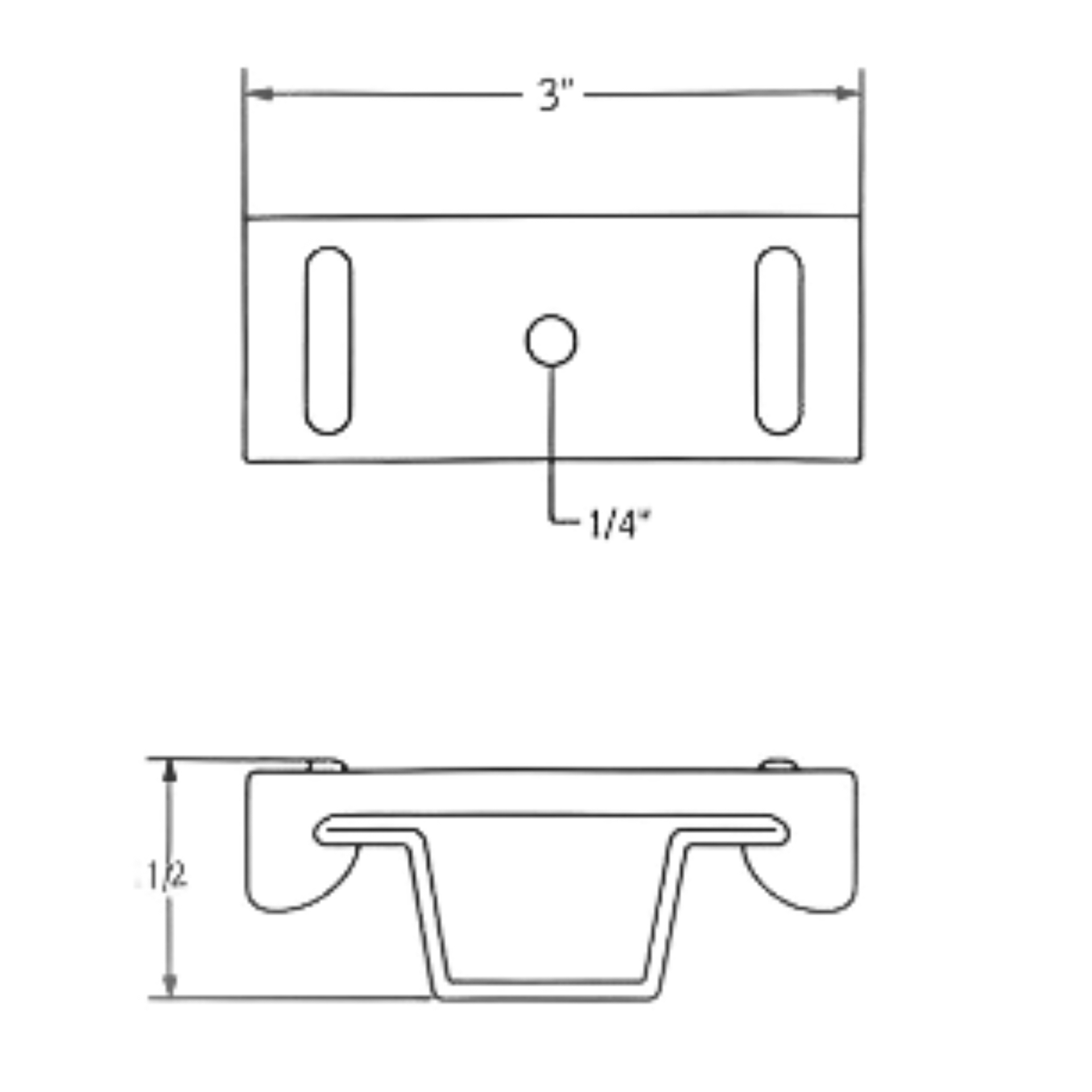 PAC International RSIC-V clip technical drawing — dimensioned top and side elevations showing 3 in overall width, 1/2 in profile depth, 1/4 in center mounting hole, and dual slotted fastener openings.