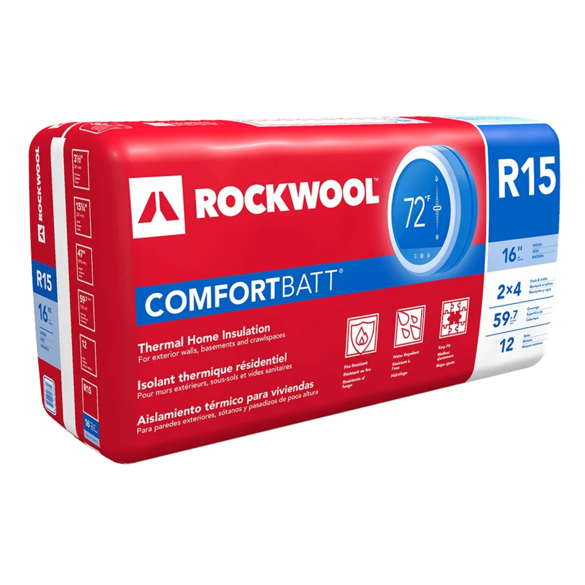 Rockwool Comfortbatt R15 stone wool batt insulation package — dense mineral-wool acoustic batt for 2x4 stud and joist cavities.