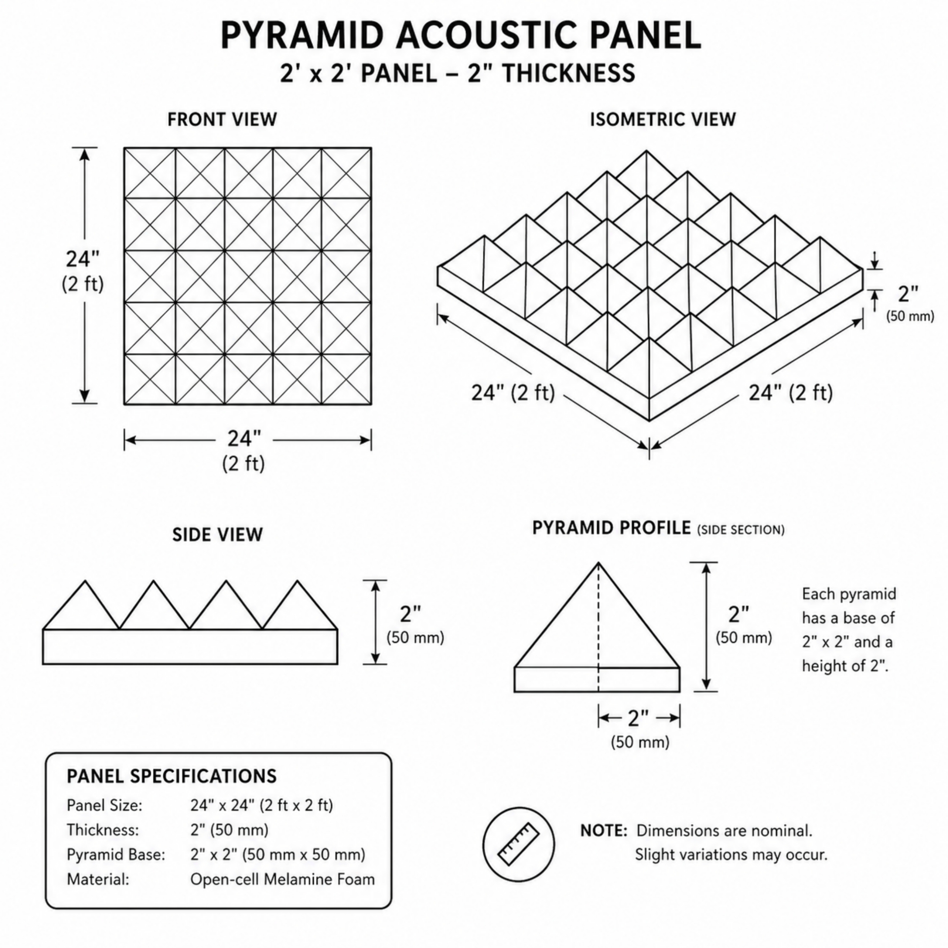 Pyramid Acoustic Panel technical drawing — front, isometric, side, and pyramid-profile views with 24" × 24" × 2" dimensions