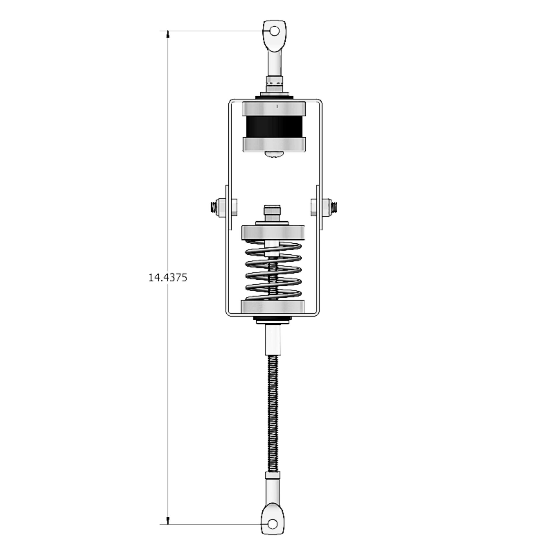 Dimensioned drawing of the PAC RSIC-SI-FF-WRW wire-hung ceiling isolator, showing the upper eye nut, steel full frame with spring and rubber element, lower threaded rod and eye nut, and a 14.4375 in overall height.