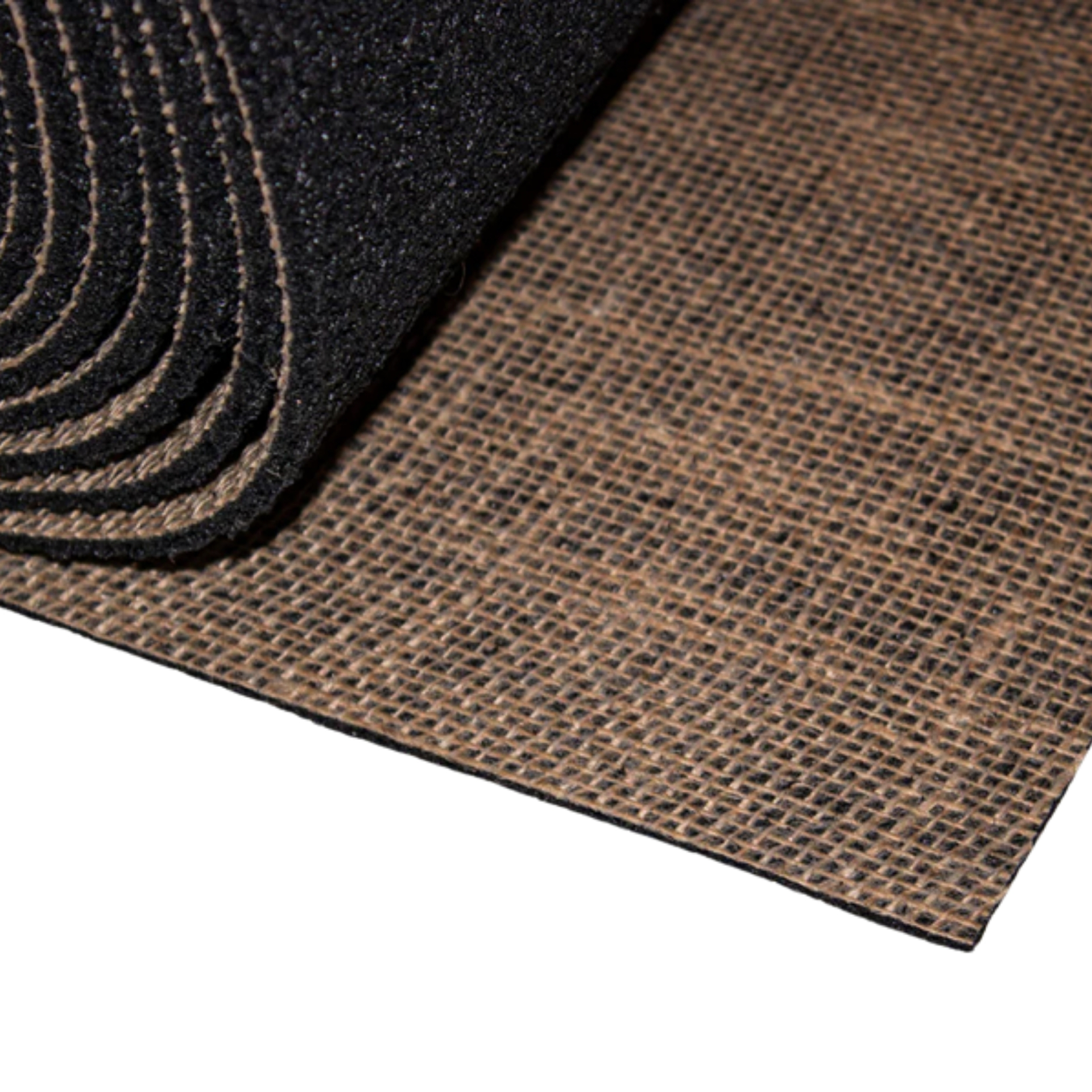 Dura 3mm DuraLux Grip non-slip rug padding roll — black recycled-rubber pad with jute-scrim backing partially unrolled on a white background.