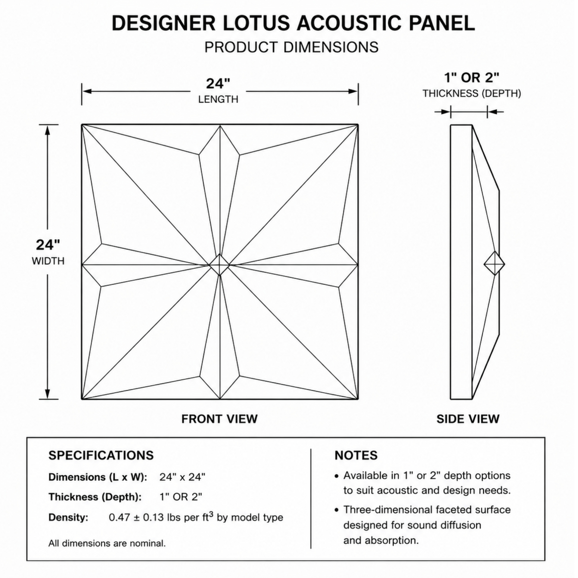 Lotus Designer Acoustic Panel dimensional drawing — 24" × 24" front view with petal-form relief and side view showing 1" or 2" thickness options