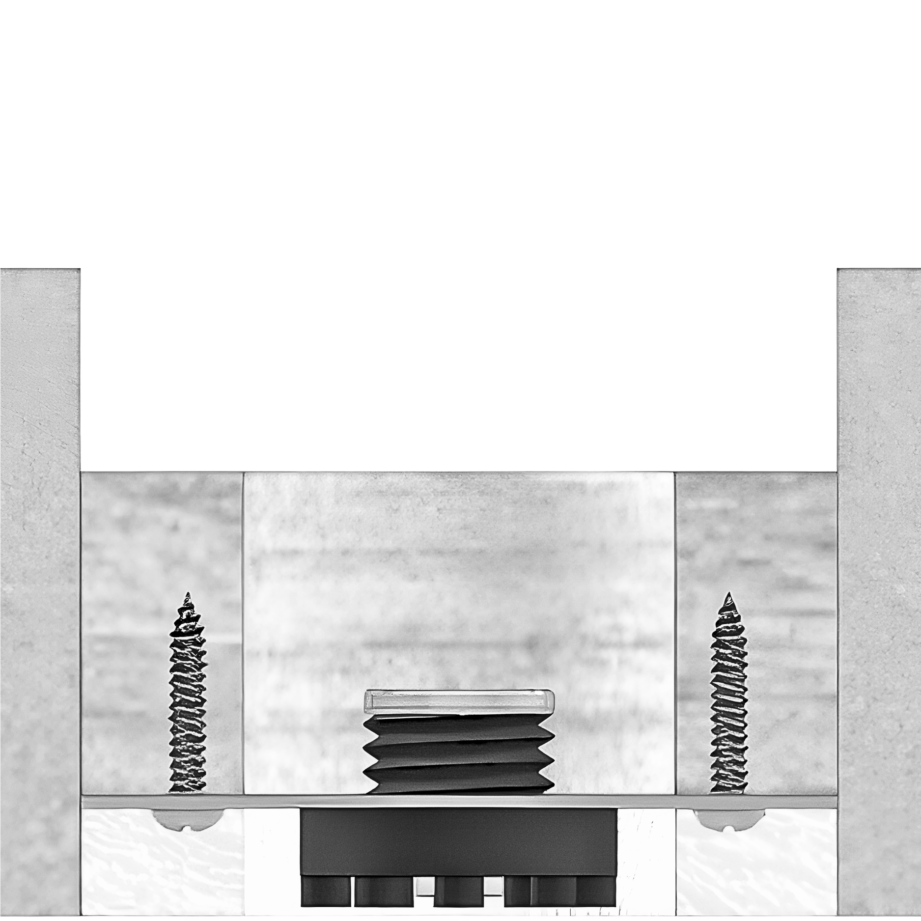 Grayscale section drawing of a wall base with an RSIC-U isolator — mounting plate under the bottom plate, ribbed rubber ferrule passing up through the plate around the central anchor, and framing screws each side.