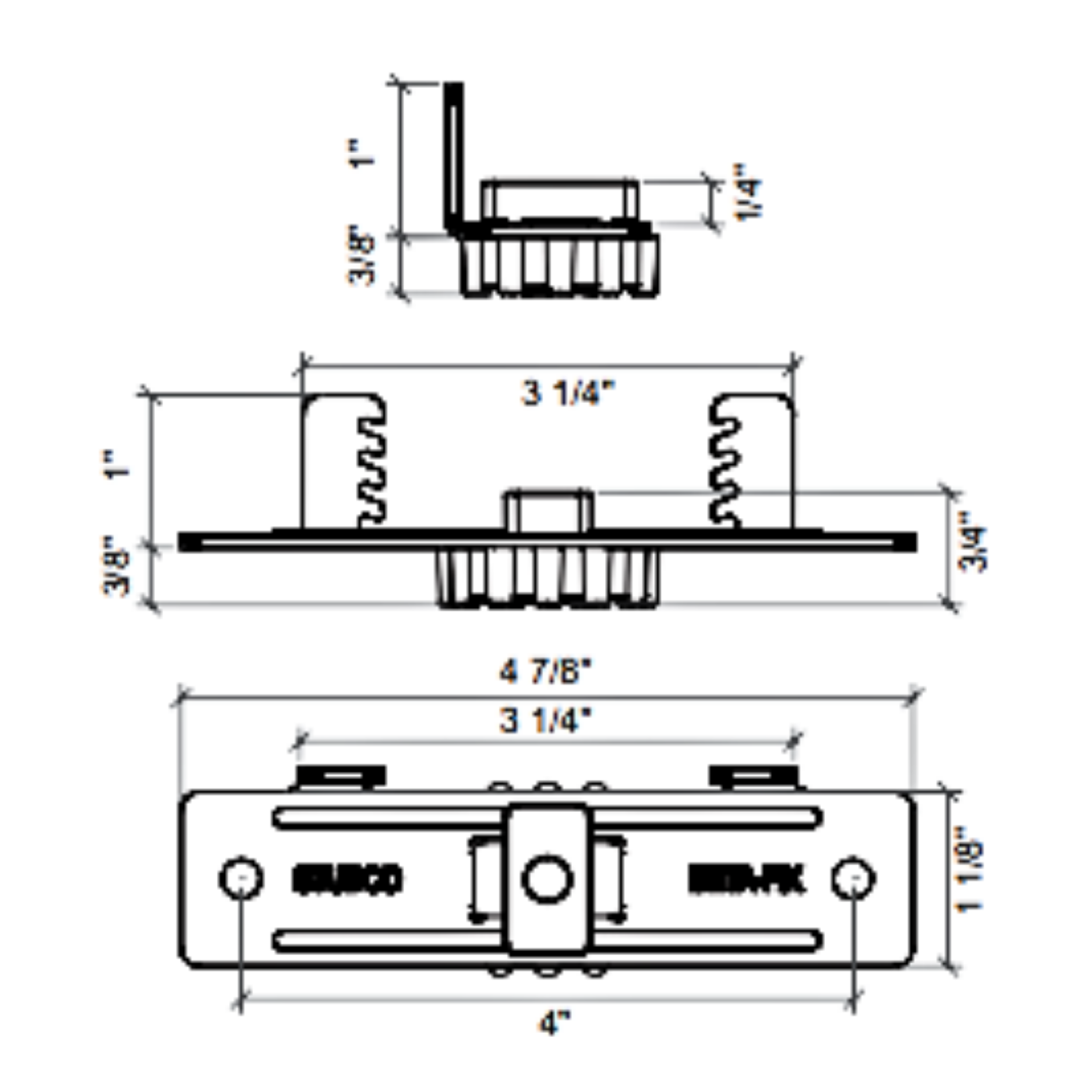 Resilmount MBFR resilient clip — dimensioned drawings showing 1" height with 1/4" isolator thickness, 3 1/4" fastener spacing, 4 7/8" overall length, and 1 1/8" width with hat-channel retention teeth and center rubber isolator.