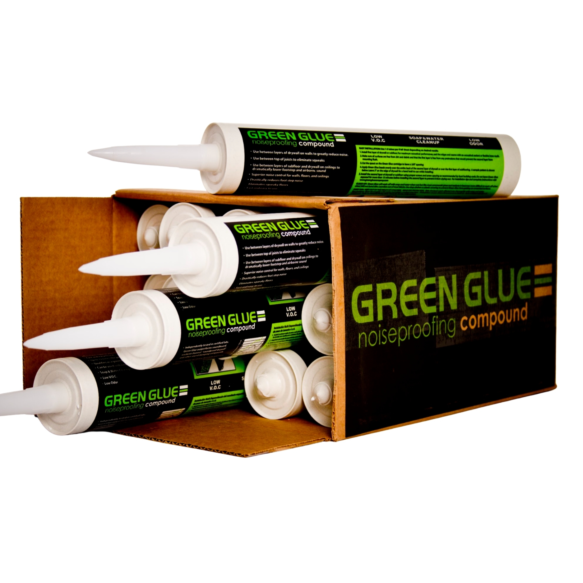 Green Glue Noiseproofing Compound — opened case of 12 × 28-oz cartridges showing the tubes and the printed case, viscoelastic constrained-layer damping compound for drywall-to-drywall wall and ceiling assemblies.