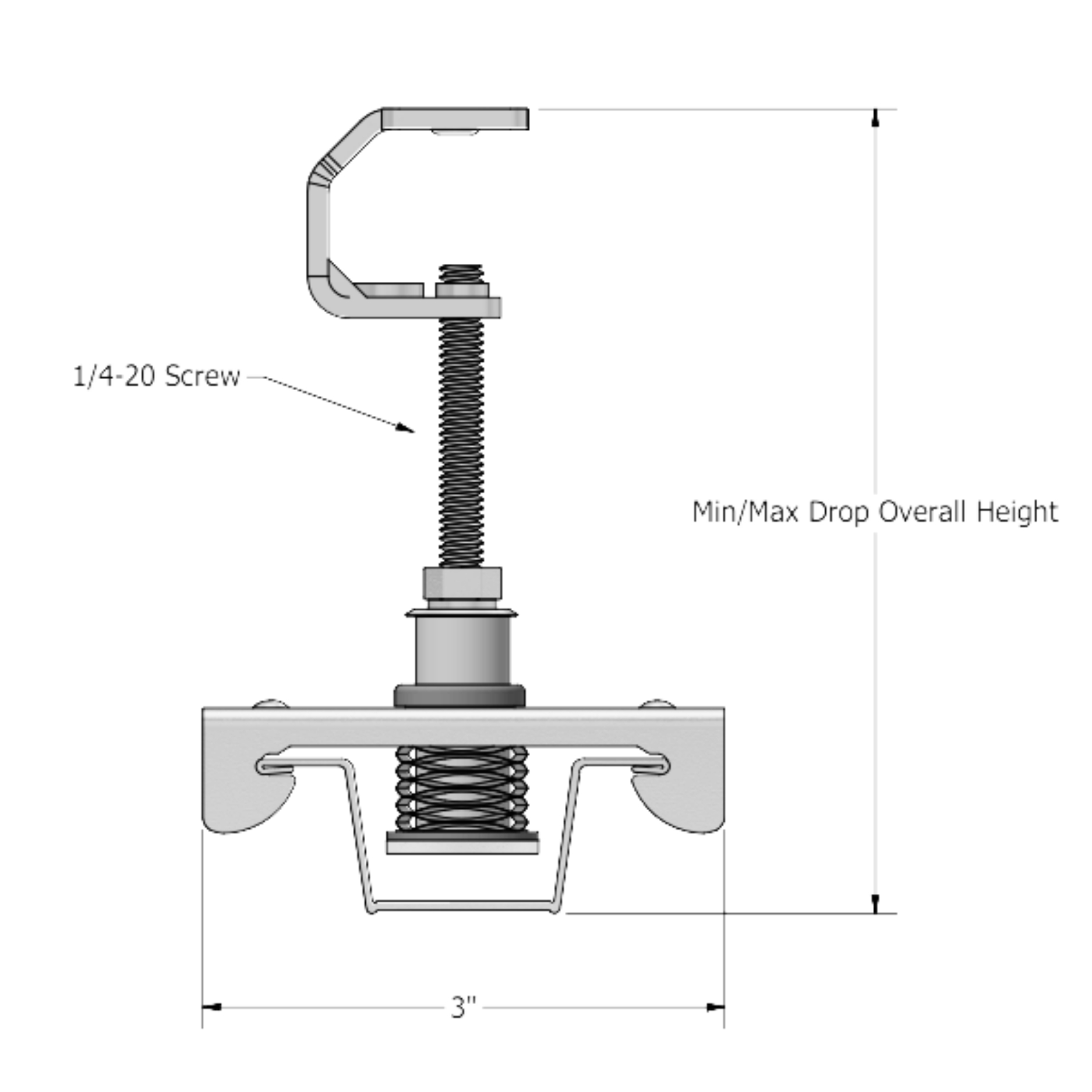 RSIC-SI-X ADM Multi Clip dimensional drawing — 3 in wide channel arms with a 1/4-20 screw setting the min/max drop overall height.