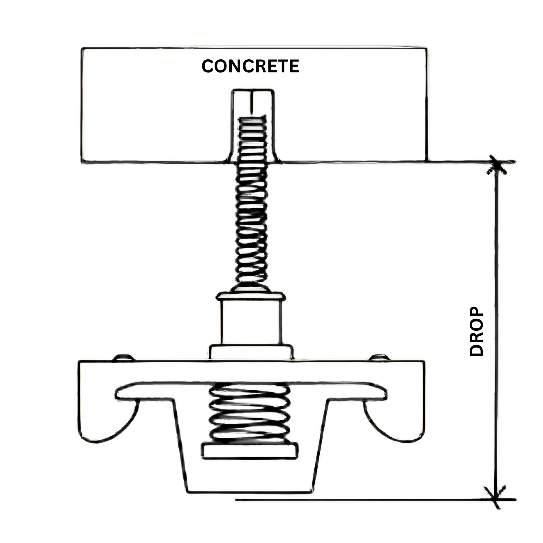 Section drawing of the PAC RSIC-SI-X ADM Mini Drop-In: a threaded bolt set into a mini drop-in anchor in a concrete deck, the isolator body and coil spring below it, and the bracket arms gripping the drywall furring channel, with the finished drop dimensioned.