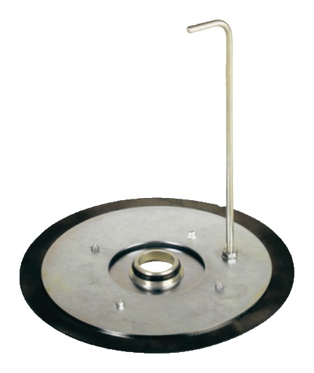 Bulk Dispenser follower plate with center opening and lift rod — sits on the rim of a 5-gallon pail.
