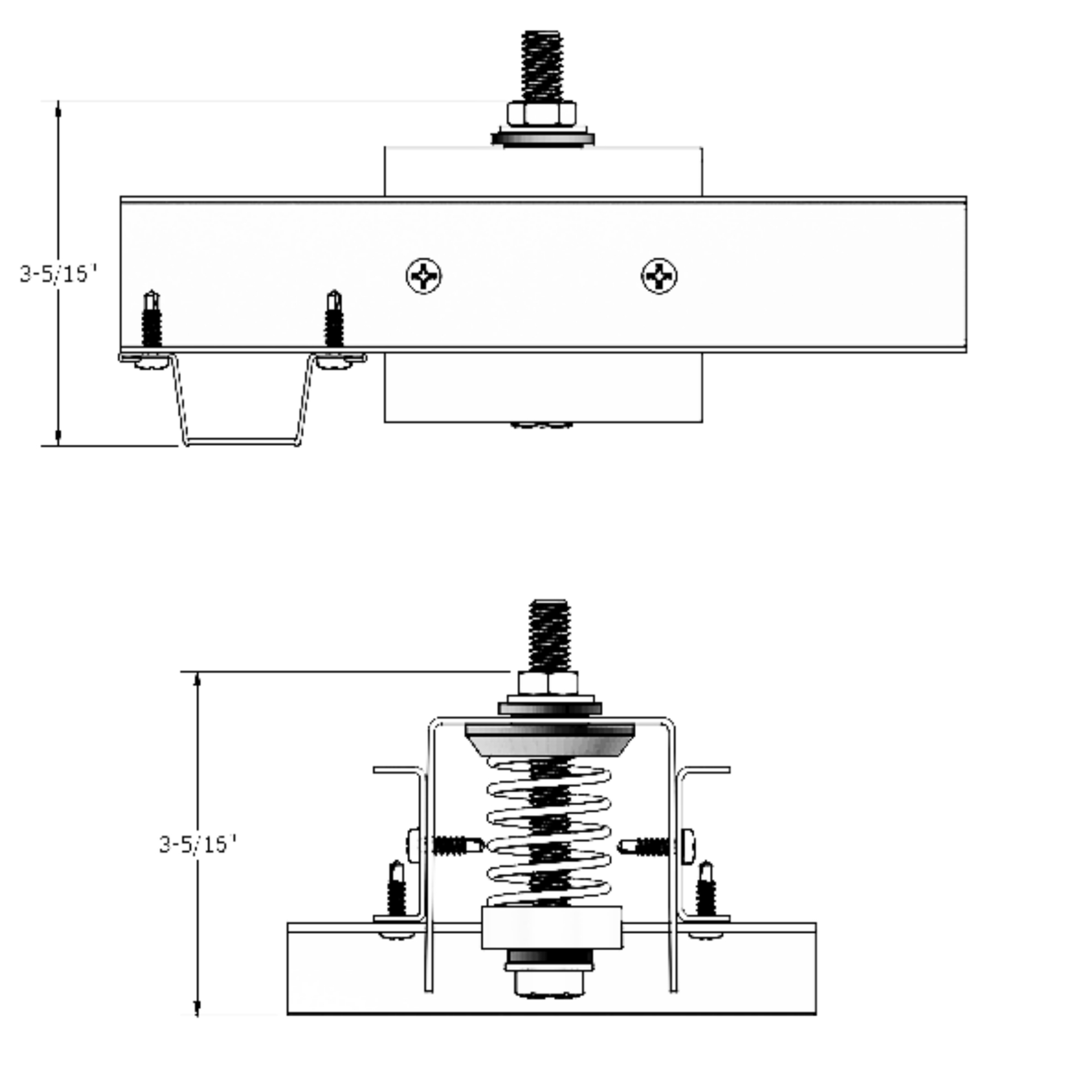 PAC International RSIC-SI-CRC2 LP dimensional drawing — side and end views of the low-profile spring hanger, with the height dimension at the 3 5/16 in setting of its 3 5/16 in to 4 5/16 in adjustment range.