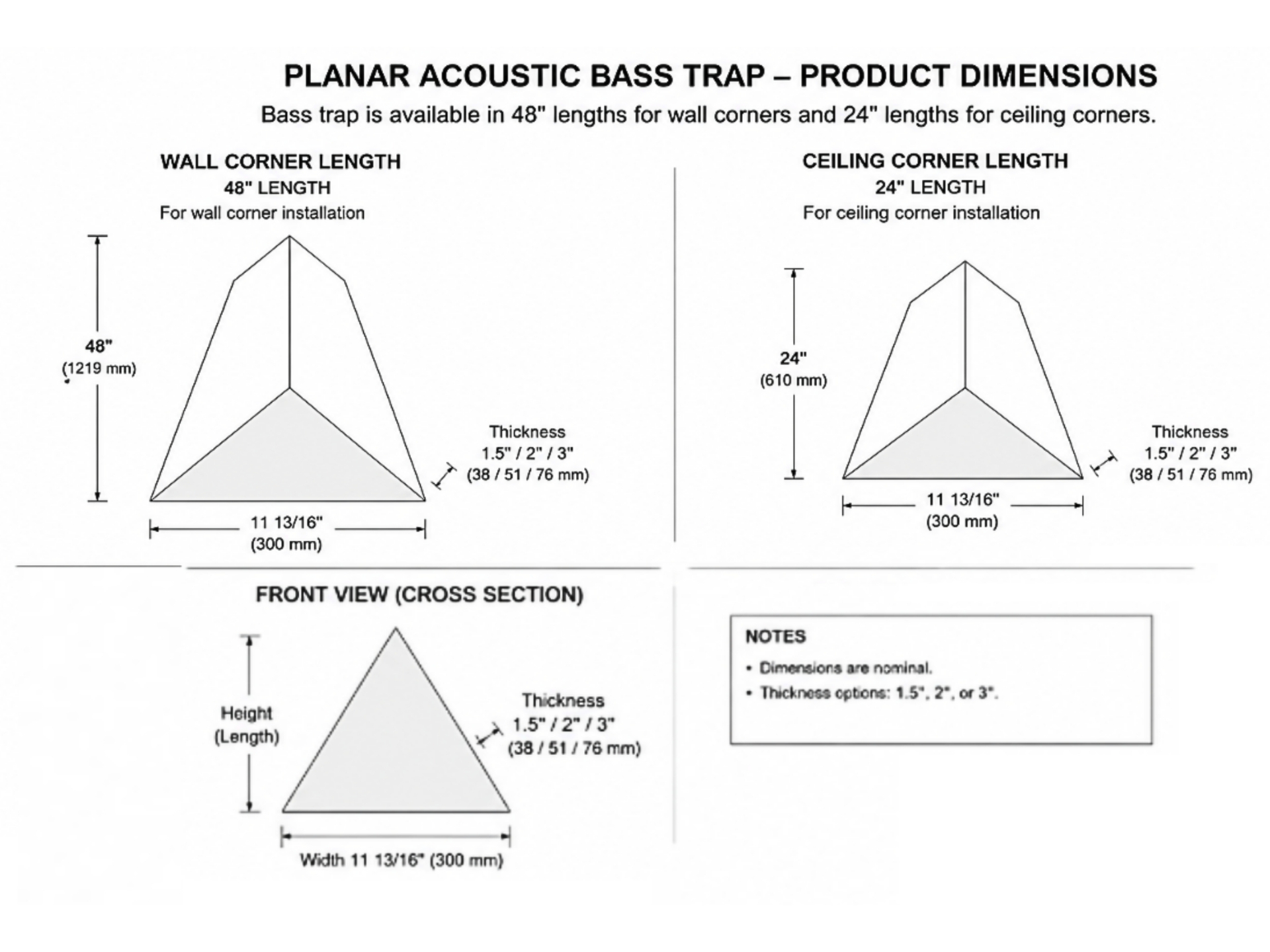 Planar Acoustic Bass Trap dimensional drawing — 48" wall-corner length and 24" ceiling-corner length with 11 13/16" (300 mm) base and 1.5", 2", or 3" thickness options