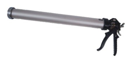Bulk Applicator Gun — 34-oz drawn-aluminum barrel with leather plunger and ratcheting trigger, used to dispense Green Glue from a 5-gallon pail.