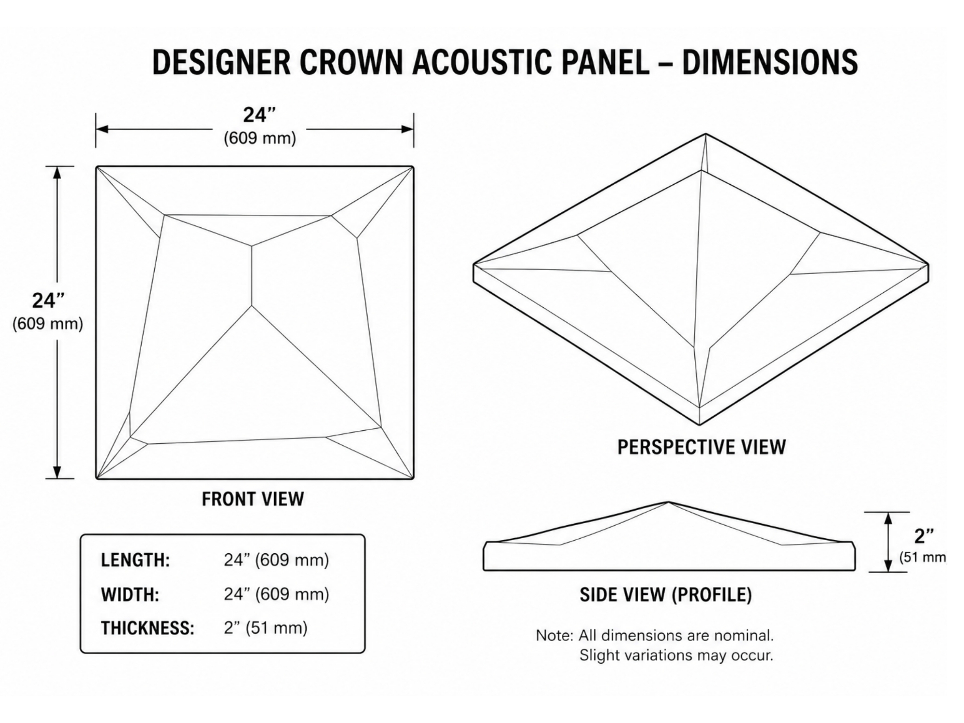 Crown Designer Acoustic Panel dimensional drawing showing 24" × 24" front and perspective views with a 2" thickness profile