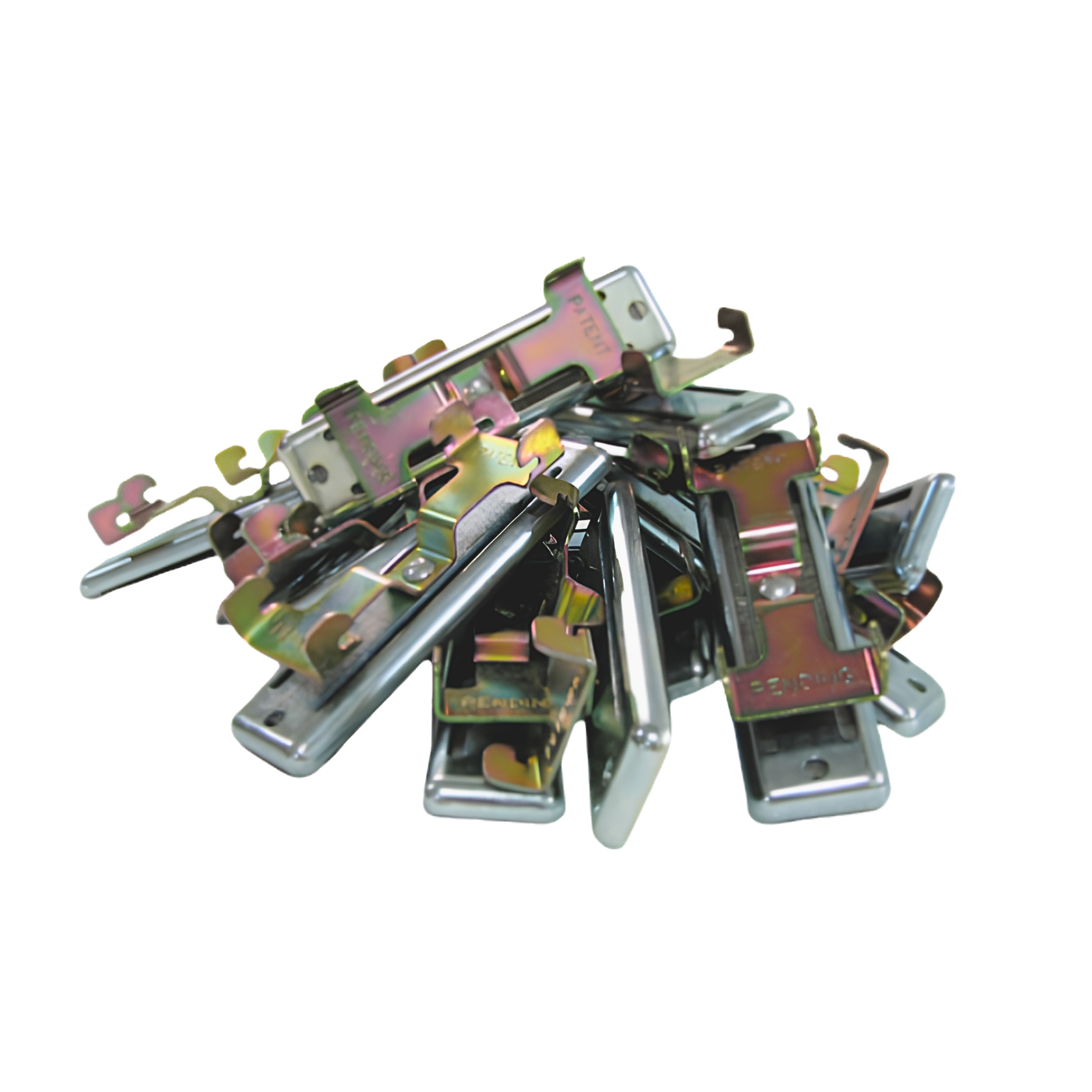 Green Glue Noiseproofing Clip — engineered rubber-mount decoupler on load-bearing steel frame, shown for ceiling assemblies