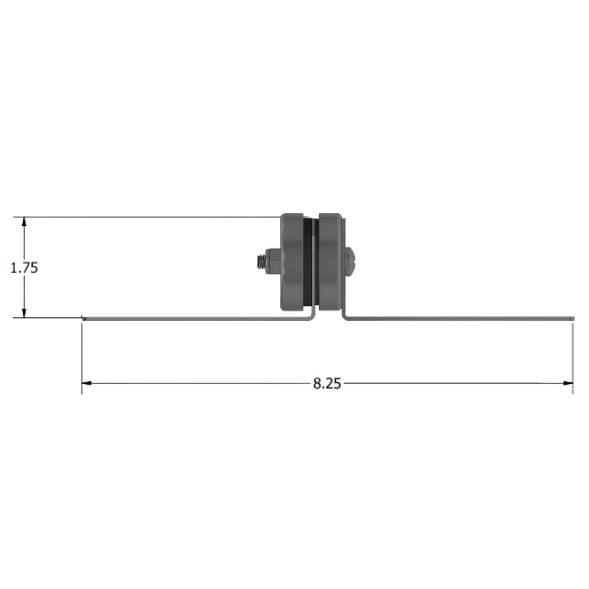 Dimensioned side drawing of the PAC RSIC-CWB HD/DD DC brace — 8.25 in overall length across the two mounting wings and 1.75 in height at the central deflection-control isolator.