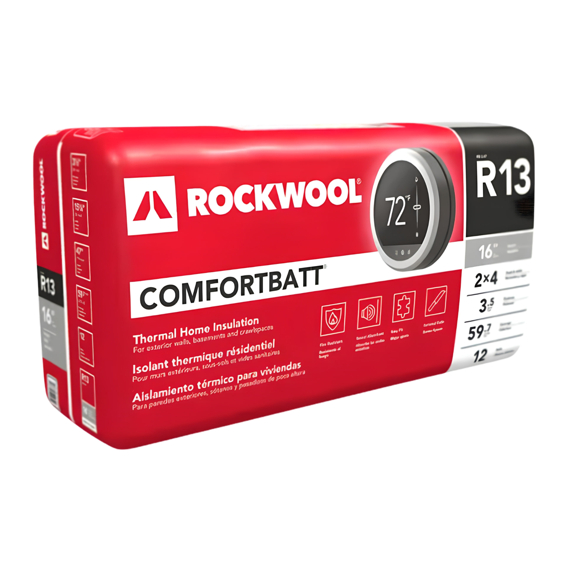 Rockwool Comfortbatt R13 stone wool batt insulation package — dense mineral-wool acoustic batt for 2x4 stud and joist cavities.