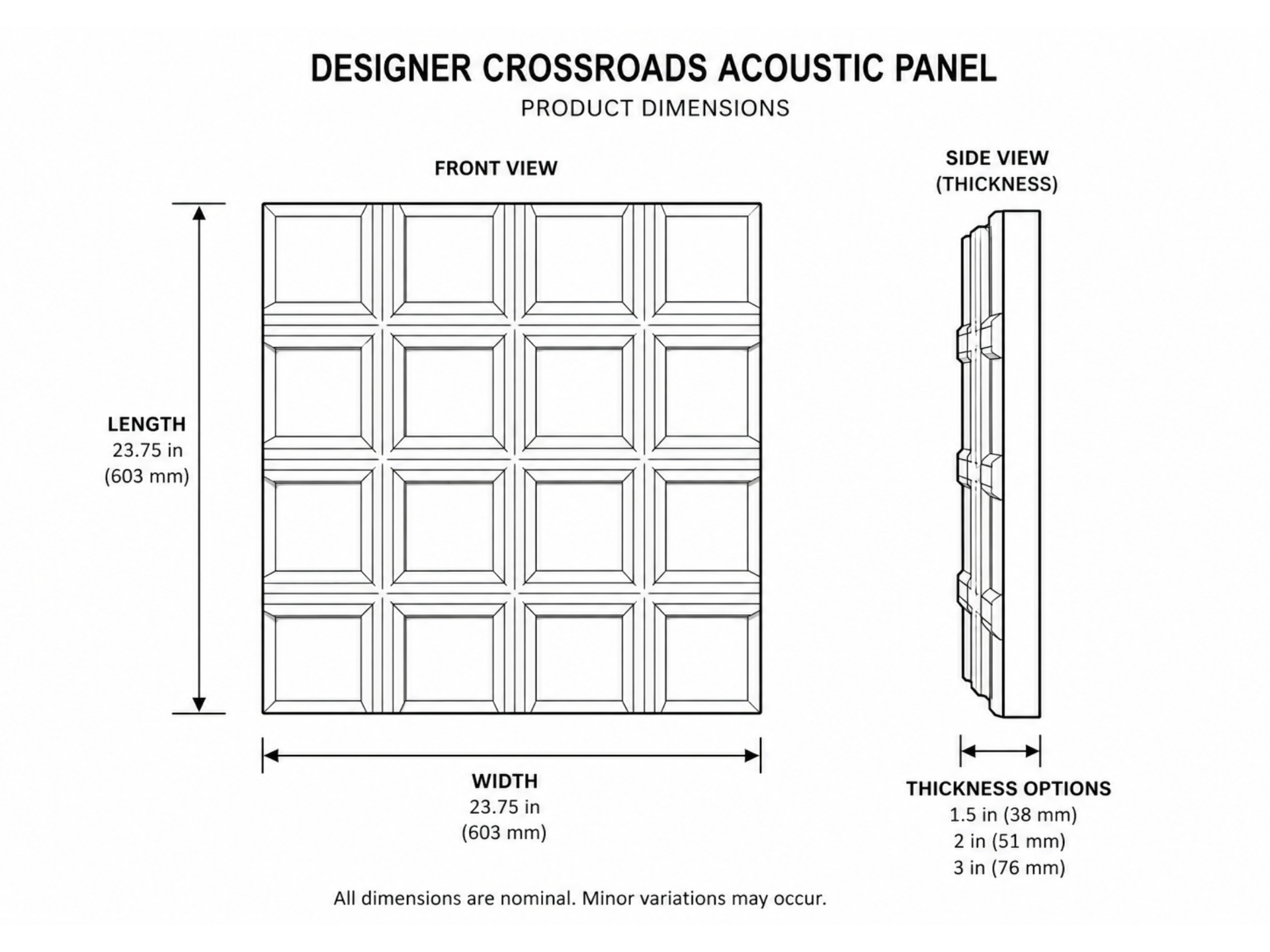 Crossroads Designer Acoustic Panel dimensional drawing showing 23.75" × 23.75" front view and 1.5"/2"/3" thickness options in side view