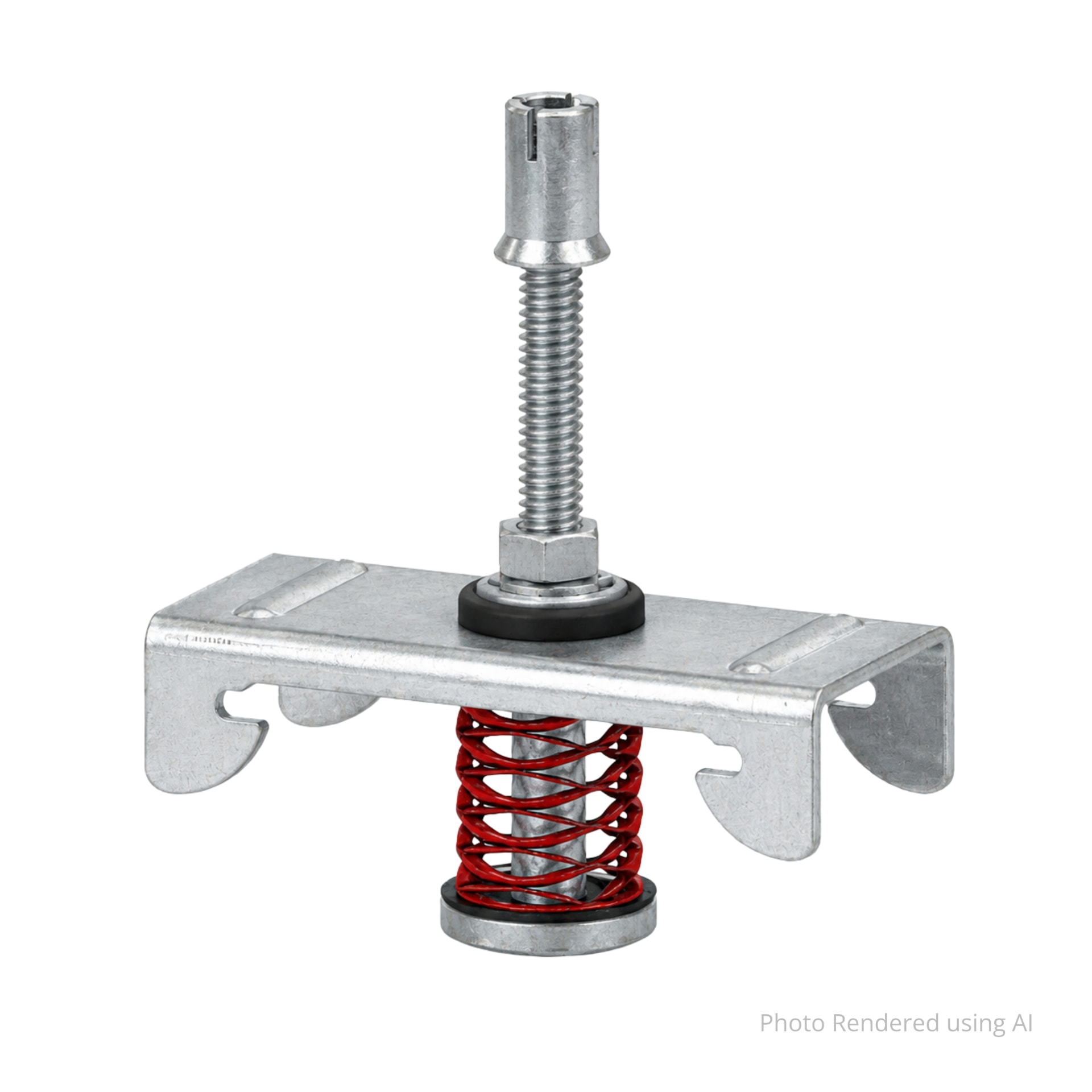 PAC International RSIC-SI-X ADM Mini Drop-In — rendering of the slotted drop-in anchor body above a long threaded bolt, hex jam nut, black rubber washer, the galvanized bracket with hooked channel arms, and the red coil spring beneath it.