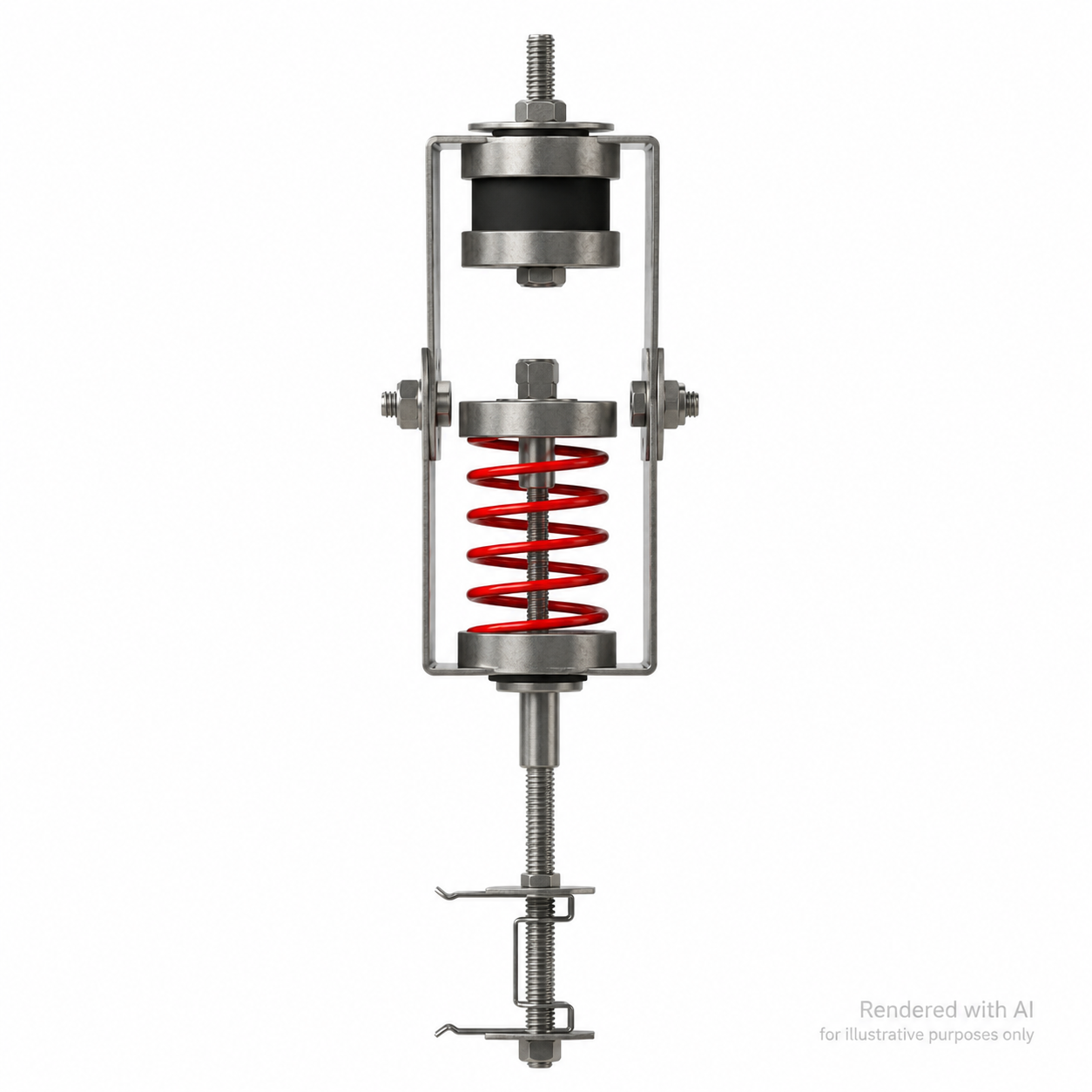 PAC International RSIC-SI-FF-BRC EZ direct-mount ceiling isolator — steel full frame with a black rubber element, red coil spring and a centre leveling rod ending in the lower channel clip.