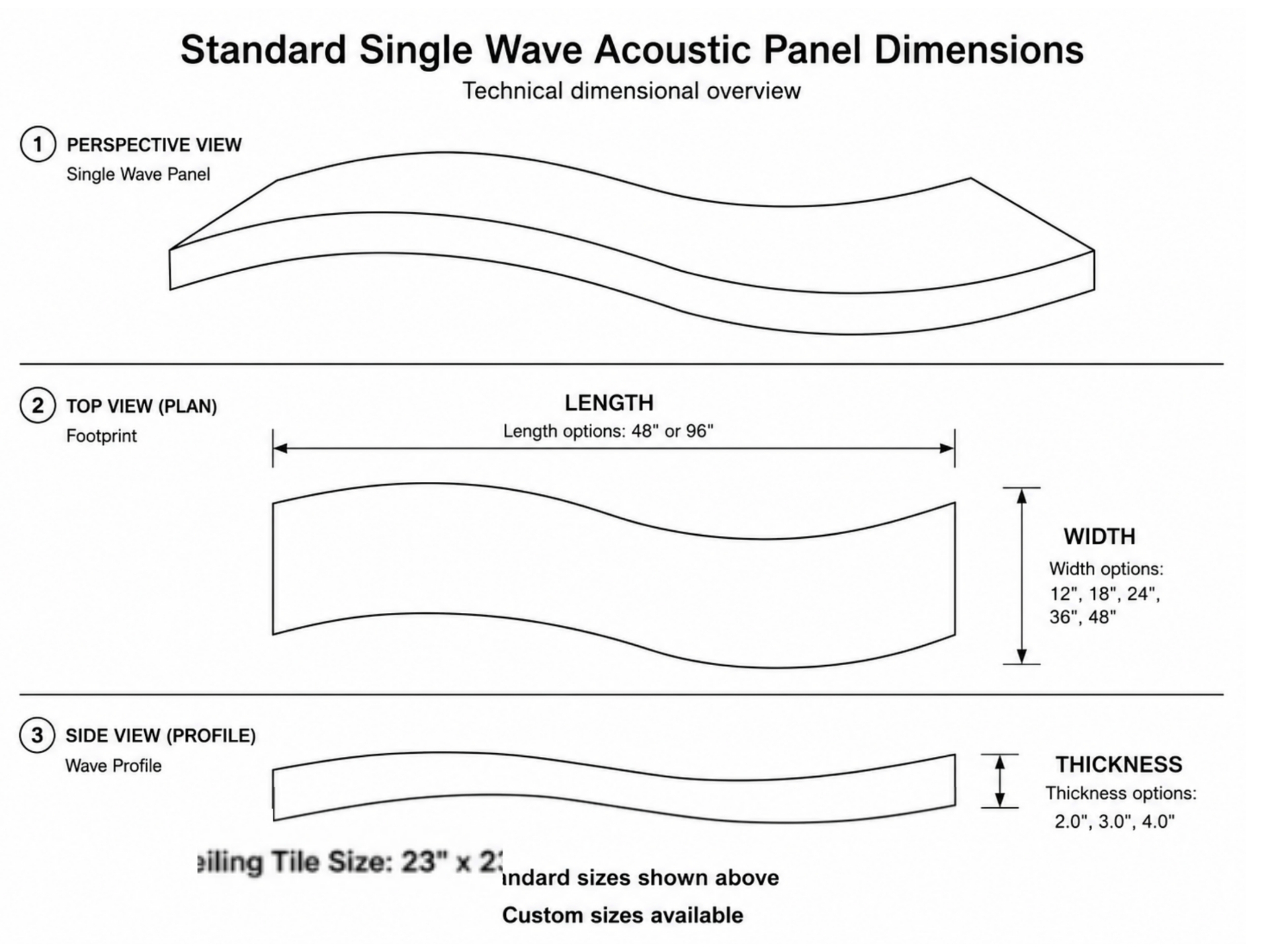 Standard Single Wave Acoustic Panel dimensional drawing — 48" or 96" length, 12"/18"/24"/36"/48" width, 2"/3"/4" thickness, and 23" x 23" ceiling tile size