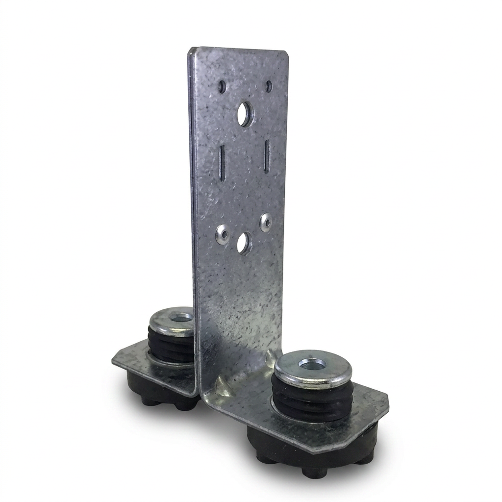 PAC International RSIC-DC04X2 double-isolator sound isolation connector — front view showing the tall vertical steel blade above two rubber isolators.