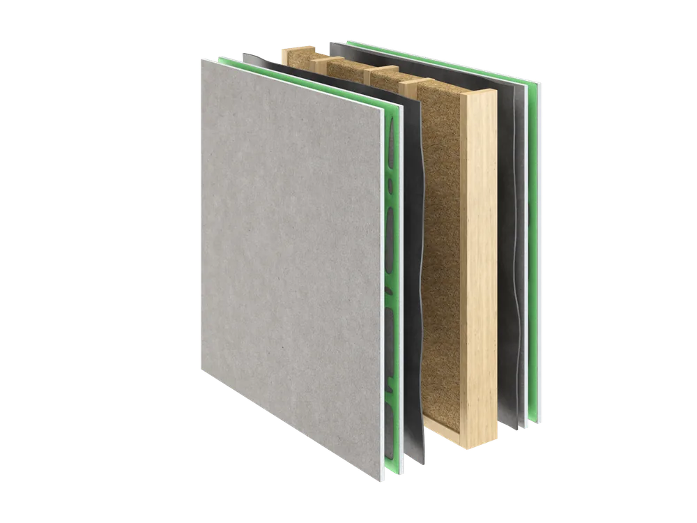 Soundproof wall assembly cutaway with isolation clips, hat channel, and double drywall