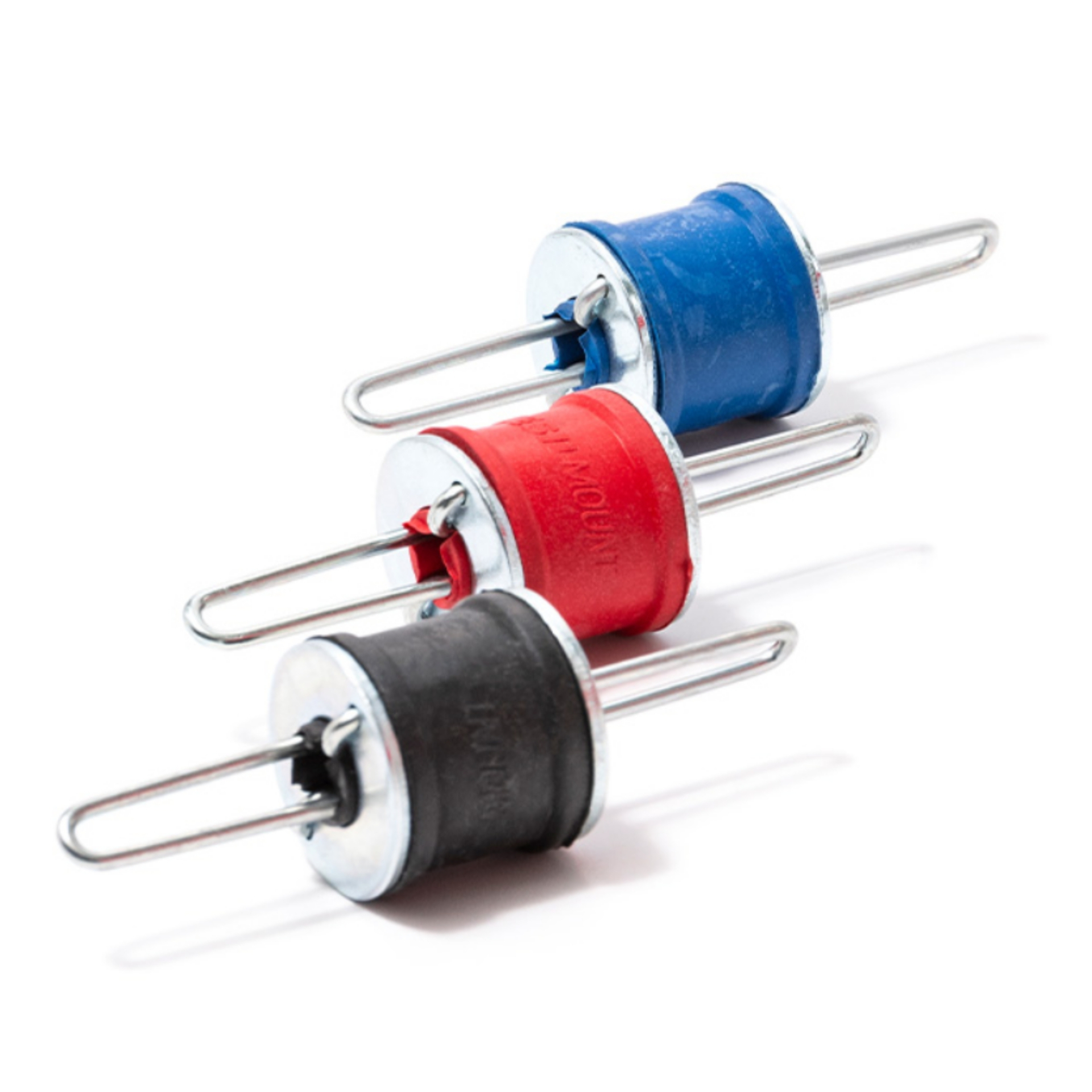 Resilmount A50R sound isolation hangers — red, black and blue rubber ceiling isolation hangers shown together on a white background.
